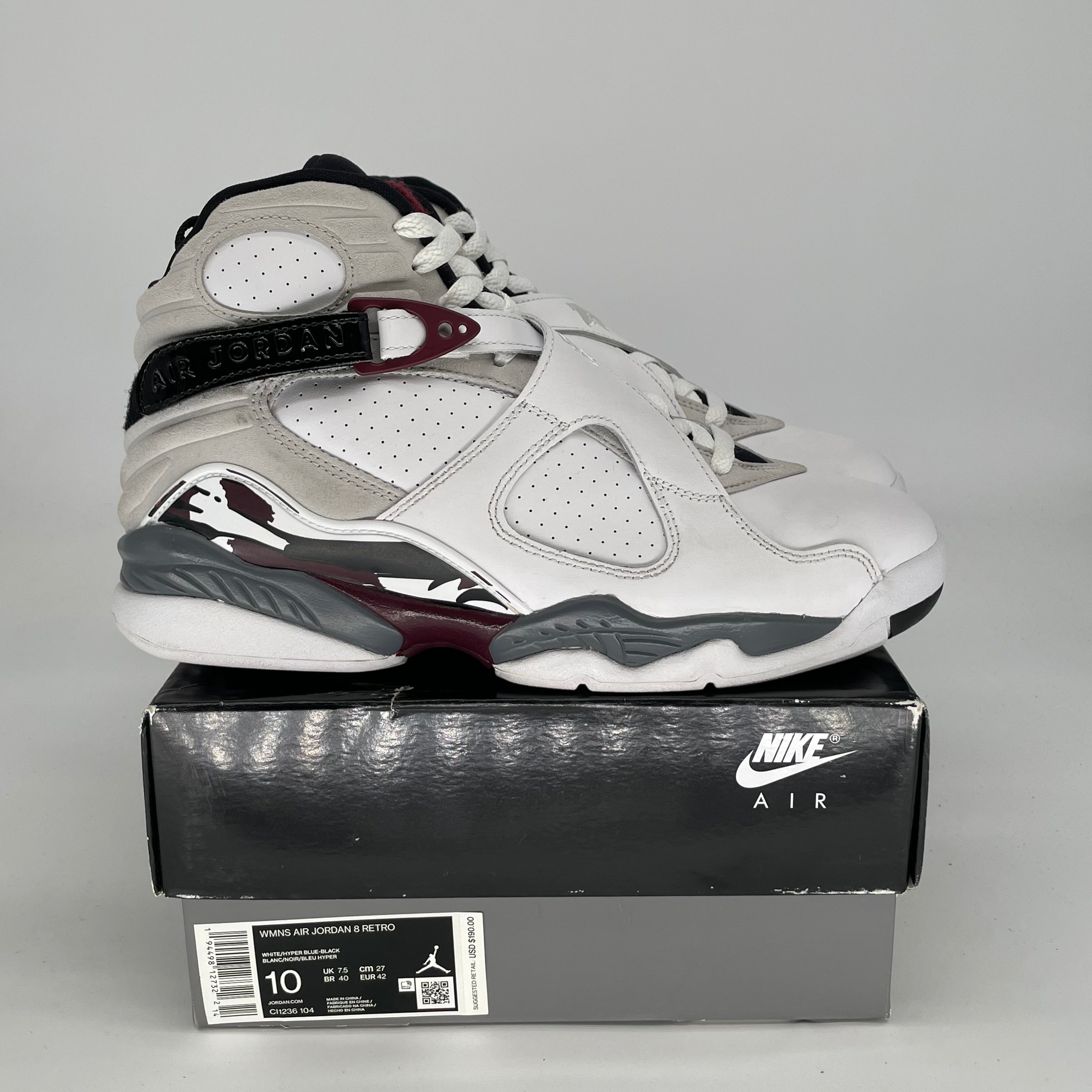 AIR JORDAN 8 WHITE BURGUNDY W SIZE 8.5/10W CI1236-104