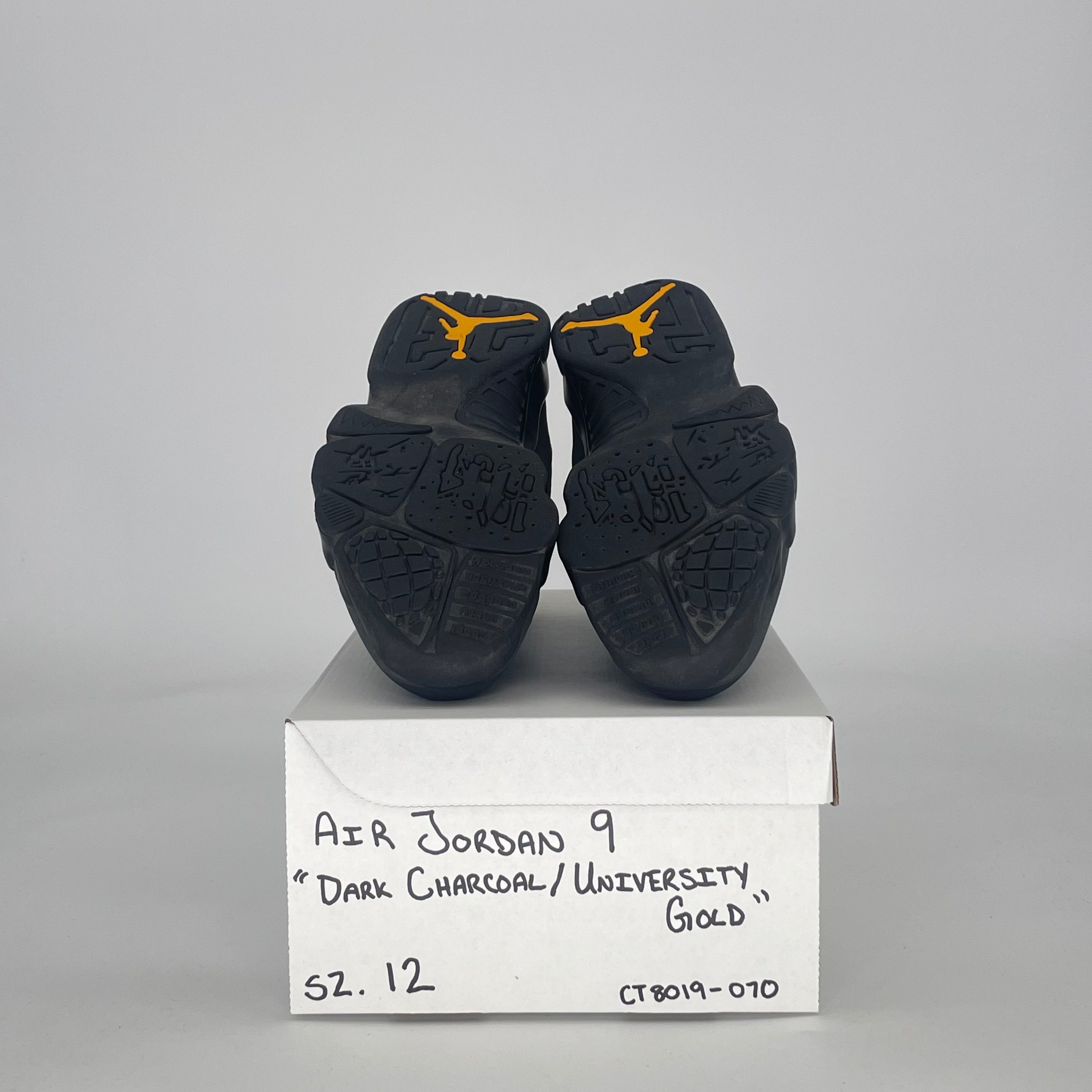 AIR JORDAN 9 DARK CHARCOAL UNIVERSITY GOLD CT8019-070 SIZE 12/13.5W
