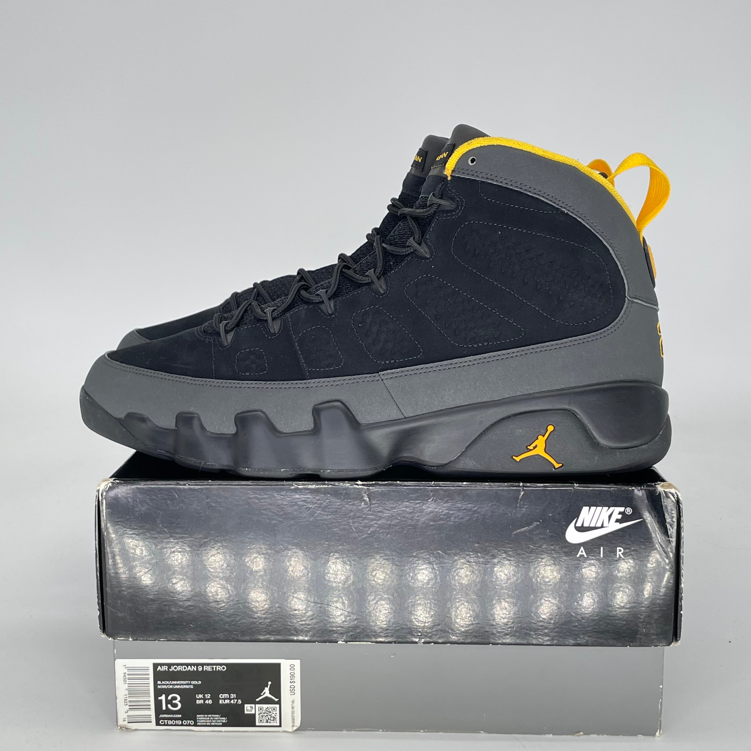 AIR JORDAN 9 DARK CHARCOAL UNIVERSITY GOLD CT8019-070 SIZE 13/14.5W