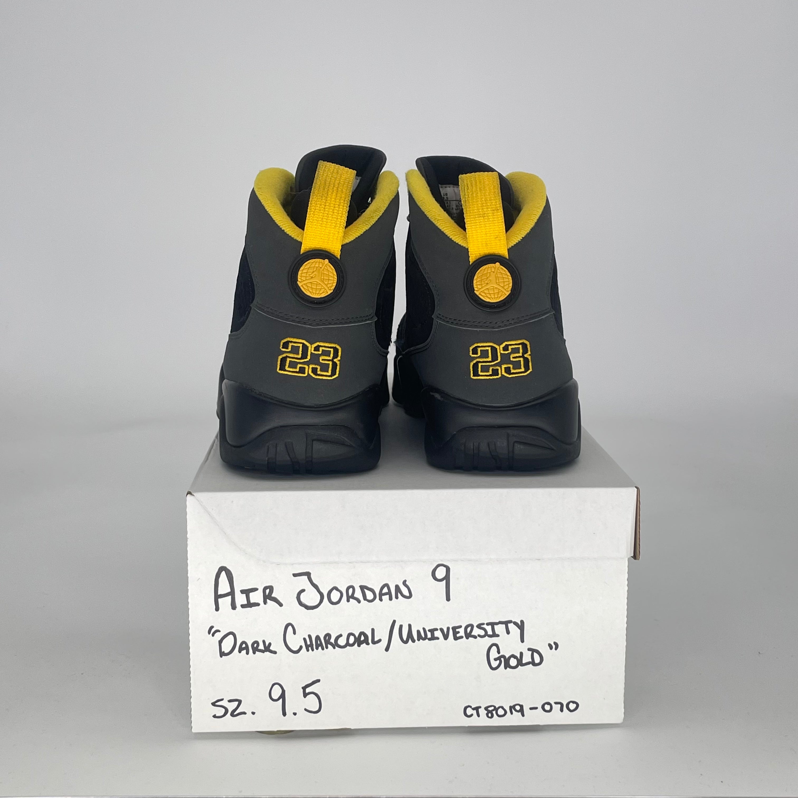 AIR JORDAN 9 DARK CHARCOAL UNIVERSITY GOLD CT8019-070 SIZE 9.5/11W