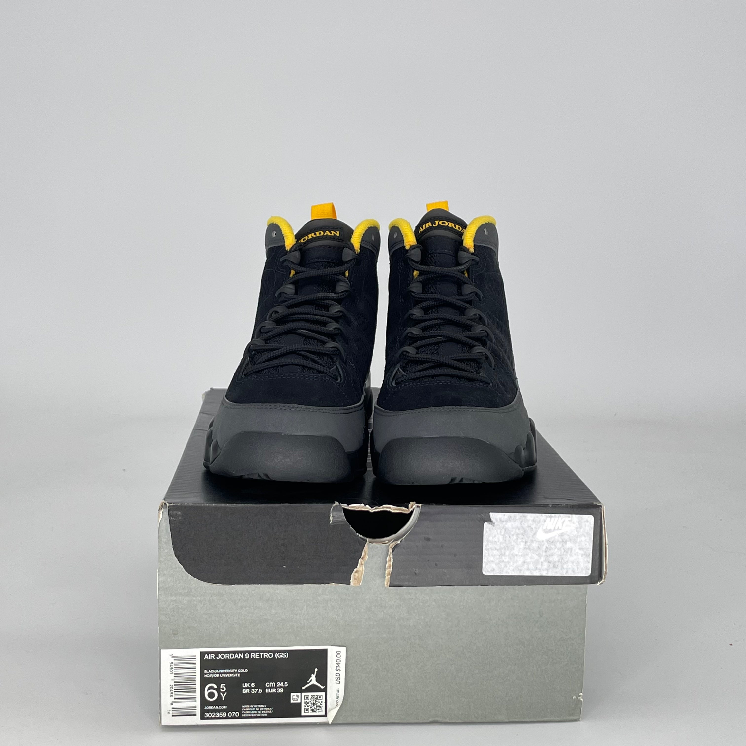 AIR JORDAN 9 DARK CHARCOAL UNIVERSITY GOLD 302359-070 SIZE 6.5/8W GS