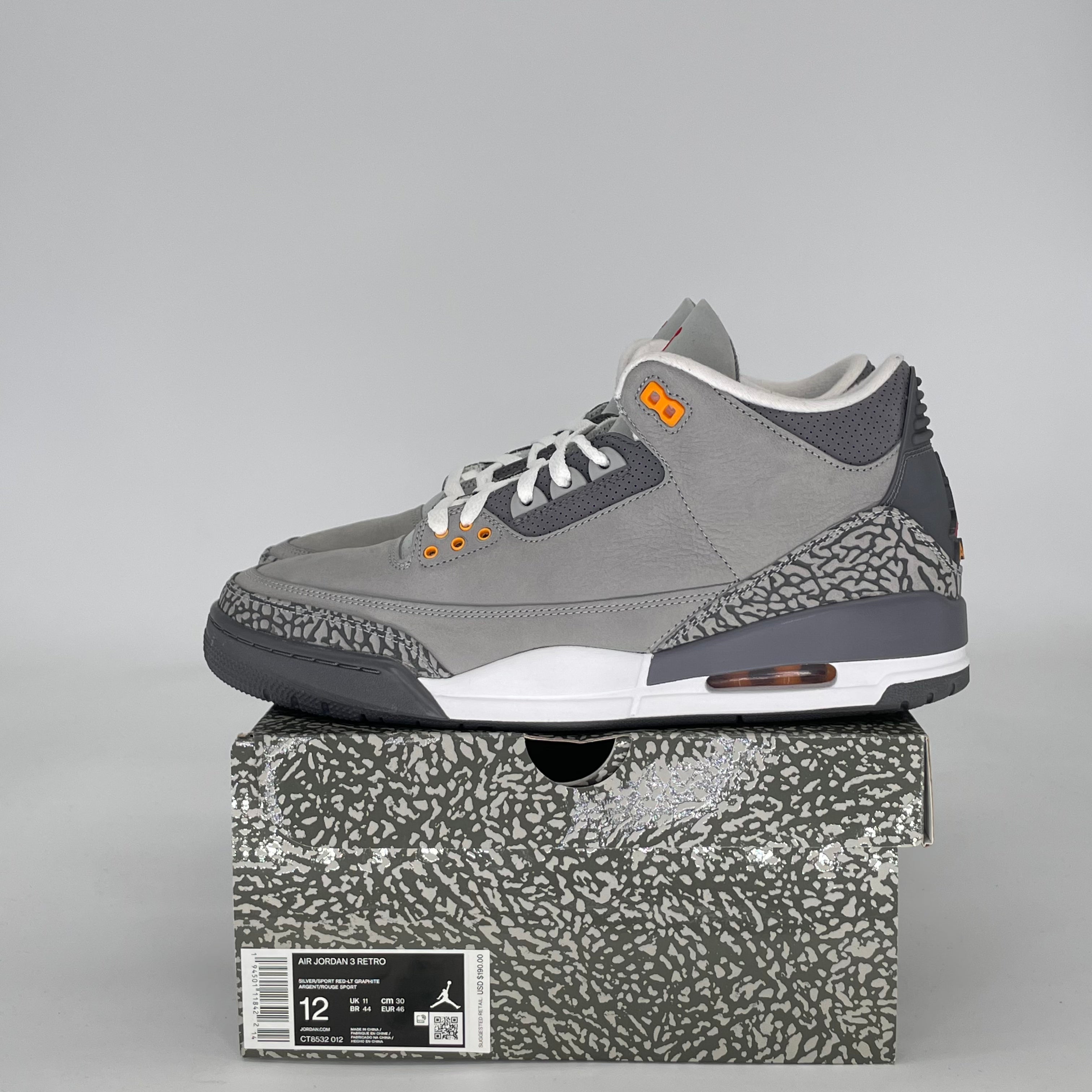AIR JORDAN 3 COOL GREY (2021) CT8532-012 SIZE 12/13.5W