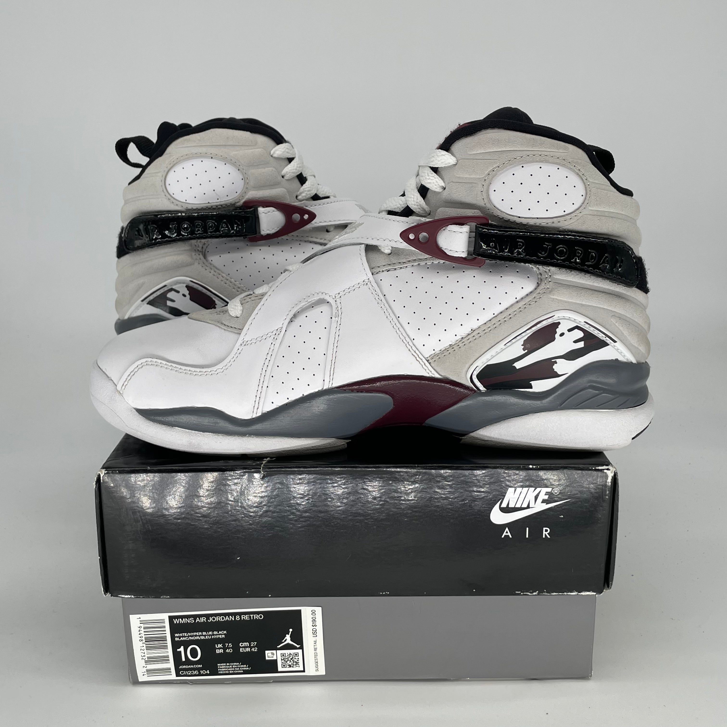 AIR JORDAN 8 WHITE BURGUNDY W SIZE 8.5/10W CI1236-104