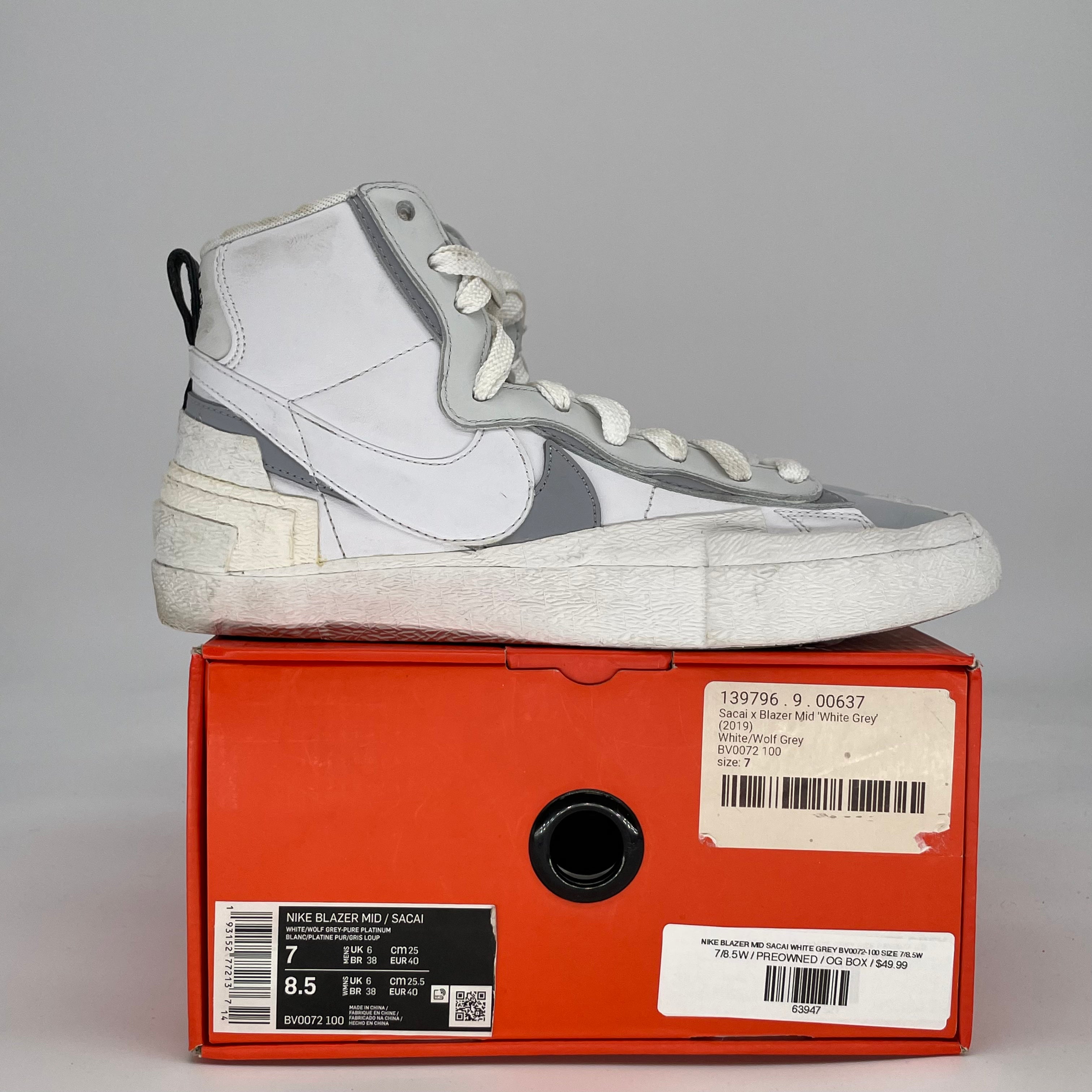 NIKE BLAZER MID SACAI WHITE GREY BV0072-100 SIZE 7/8.5W