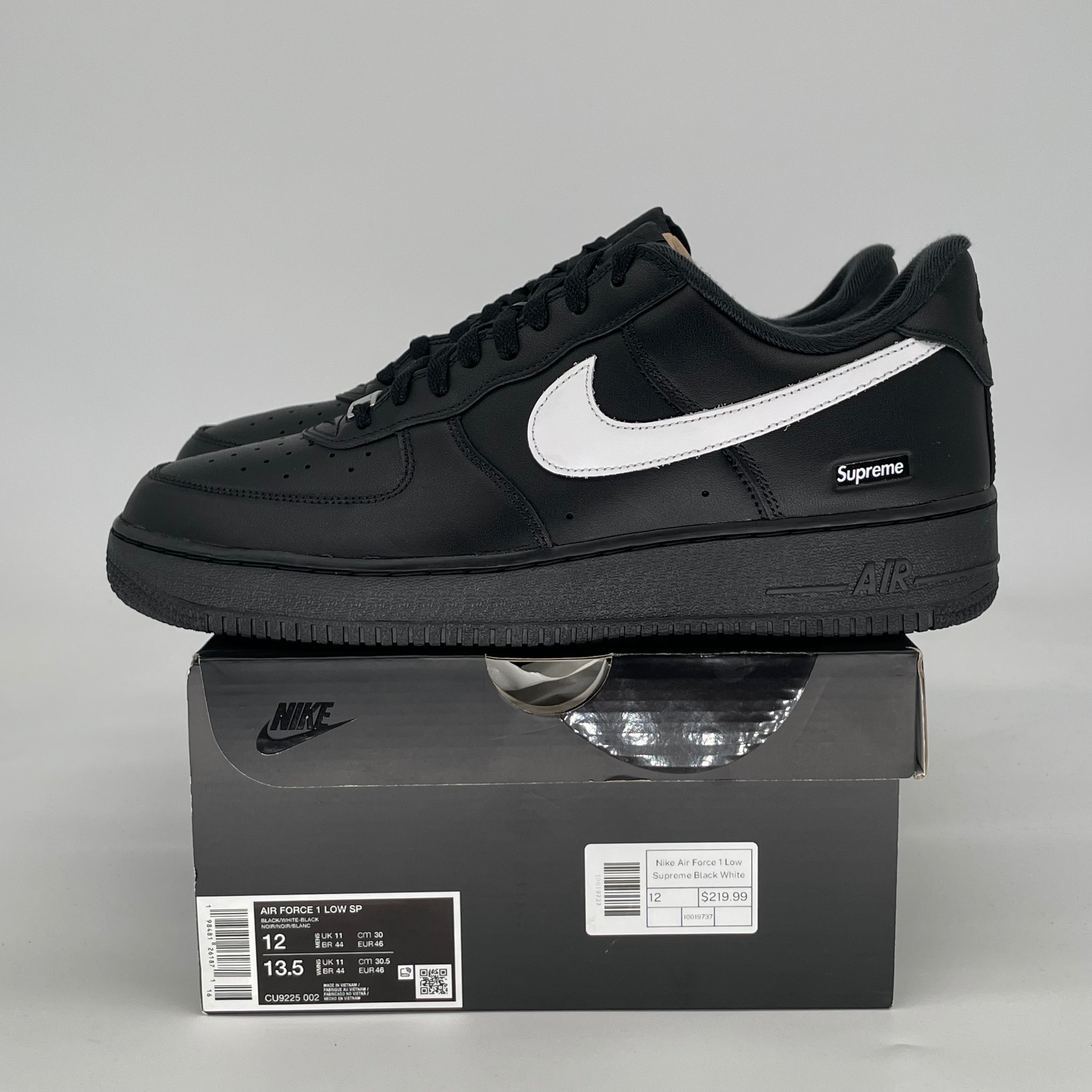 SUPREME X NIKE AIR FORCE 1 LOW BLACK WHITE CU9225-002 SIZE 12/13.5W