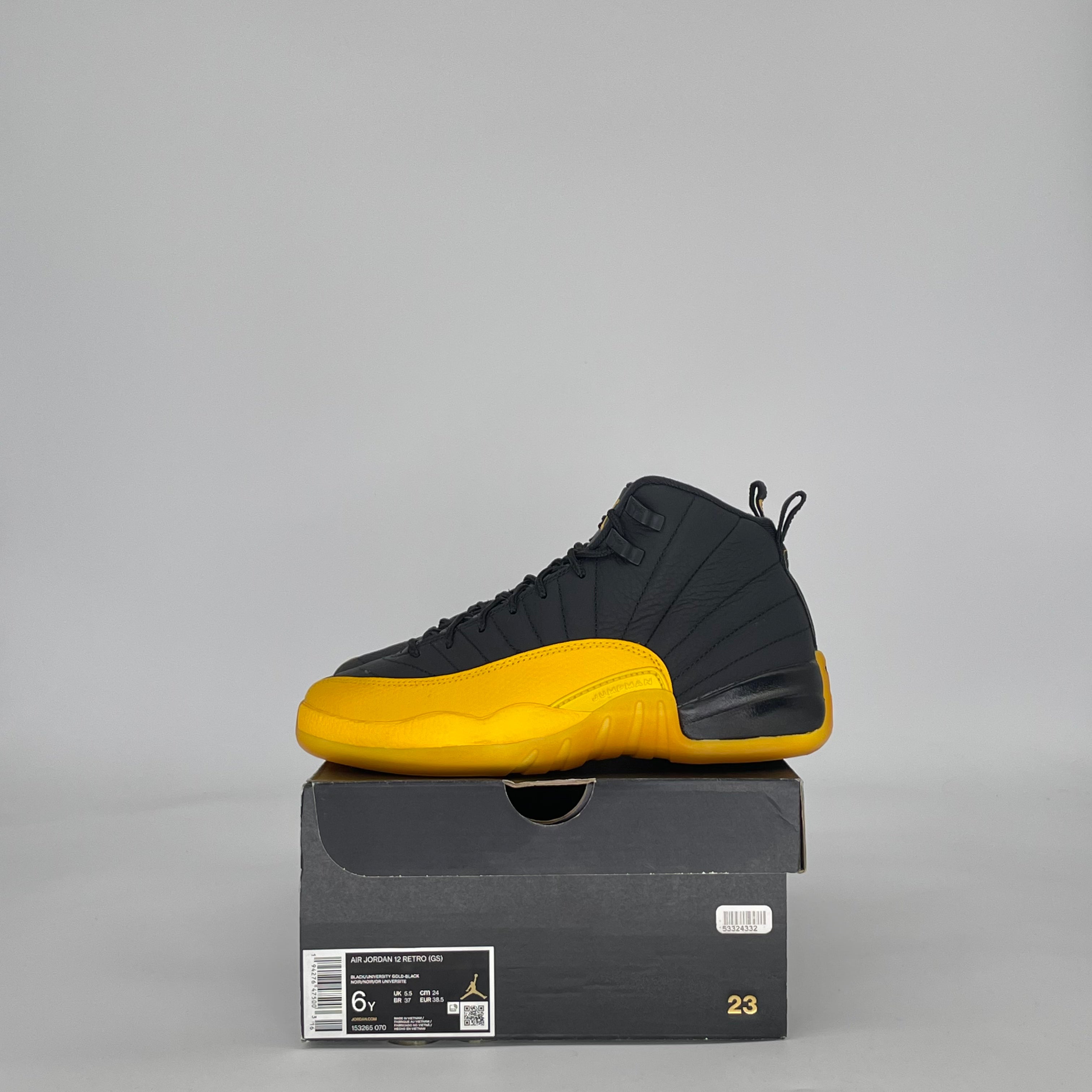 AIR JORDAN 12 BLACK UNIVERSITY GOLD 153265-070 SIZE 6/7.5W GS