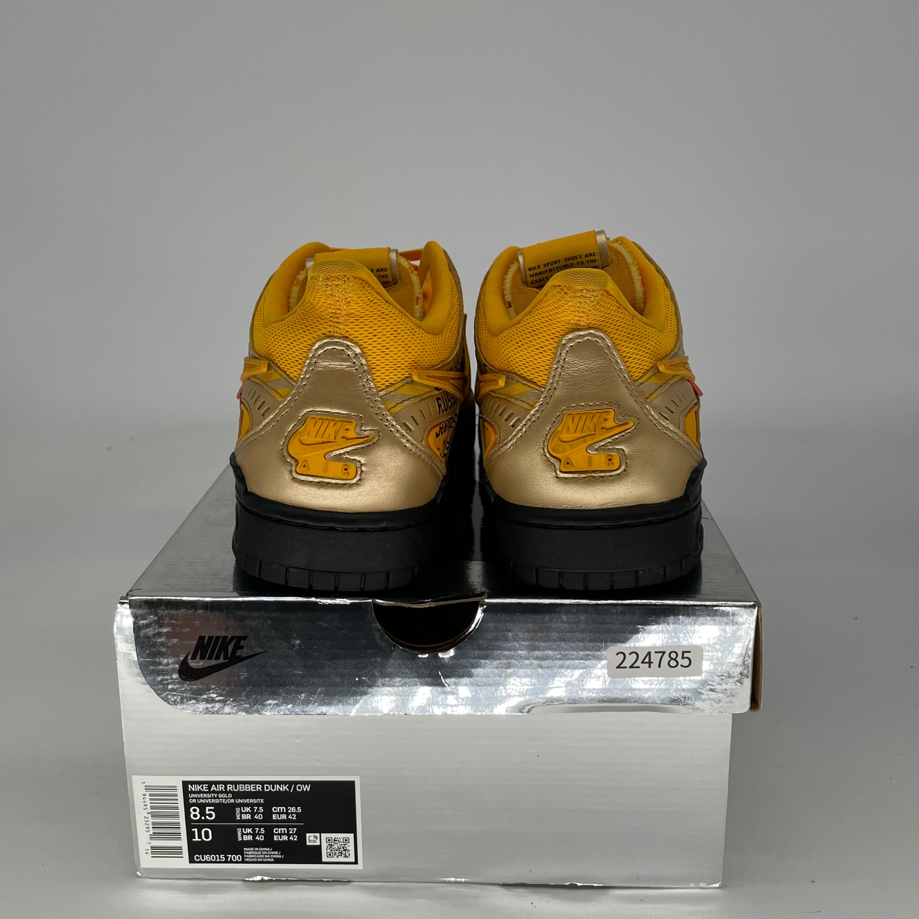 OFF WHITE X NIKE AIR RUBBER DUNK UNIVERSITY GOLD SIZE 8.5/10W CU6015-700