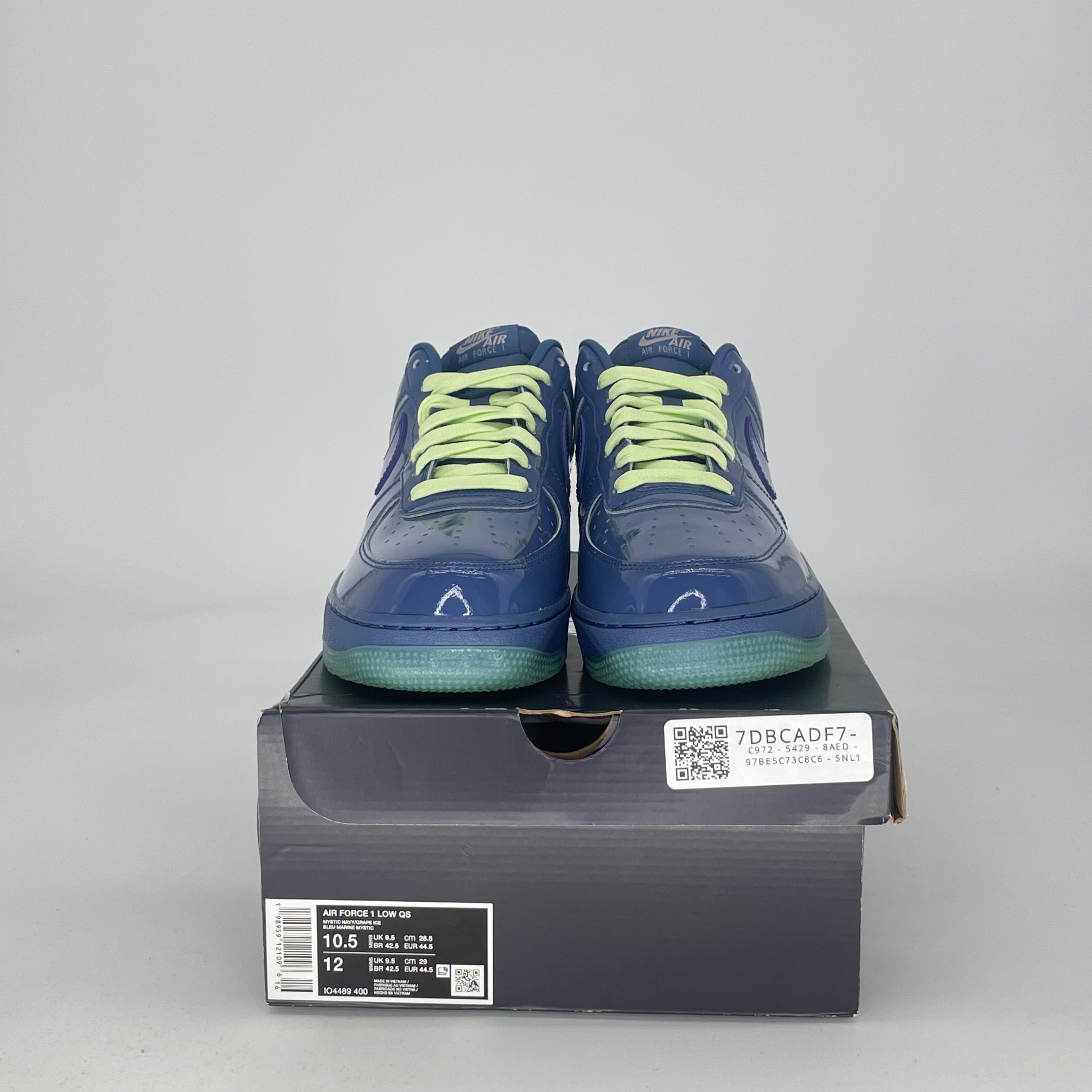 NIKE AIR FORCE 1 LOW PATENT LEATHER MYSTIC NAVY GRAPE ICE IO4489-400 SIZE 10.5/12W