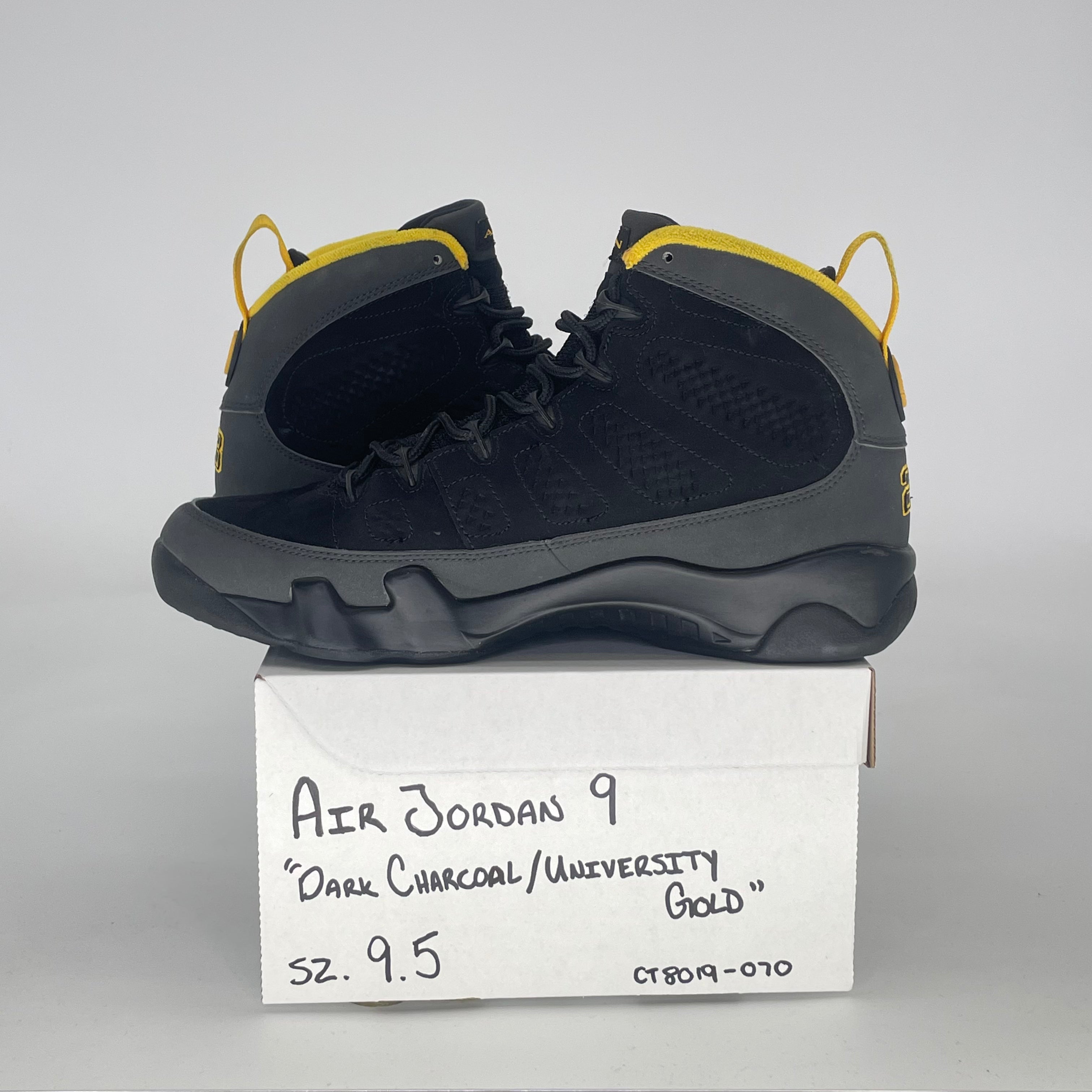 AIR JORDAN 9 DARK CHARCOAL UNIVERSITY GOLD CT8019-070 SIZE 9.5/11W