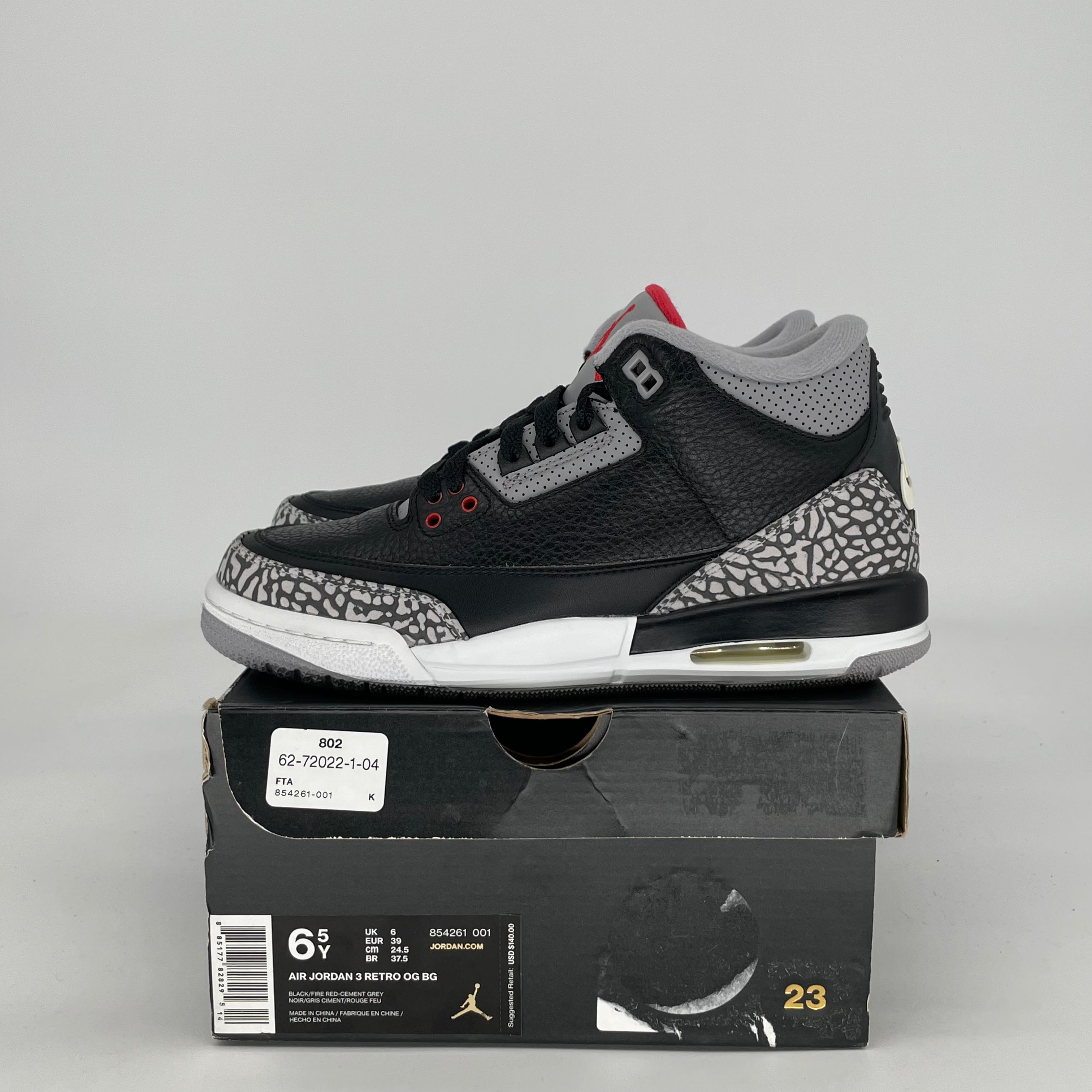 AIR JORDAN 3 BLACK CEMENT 854261-001 SIZE 6.5/8W