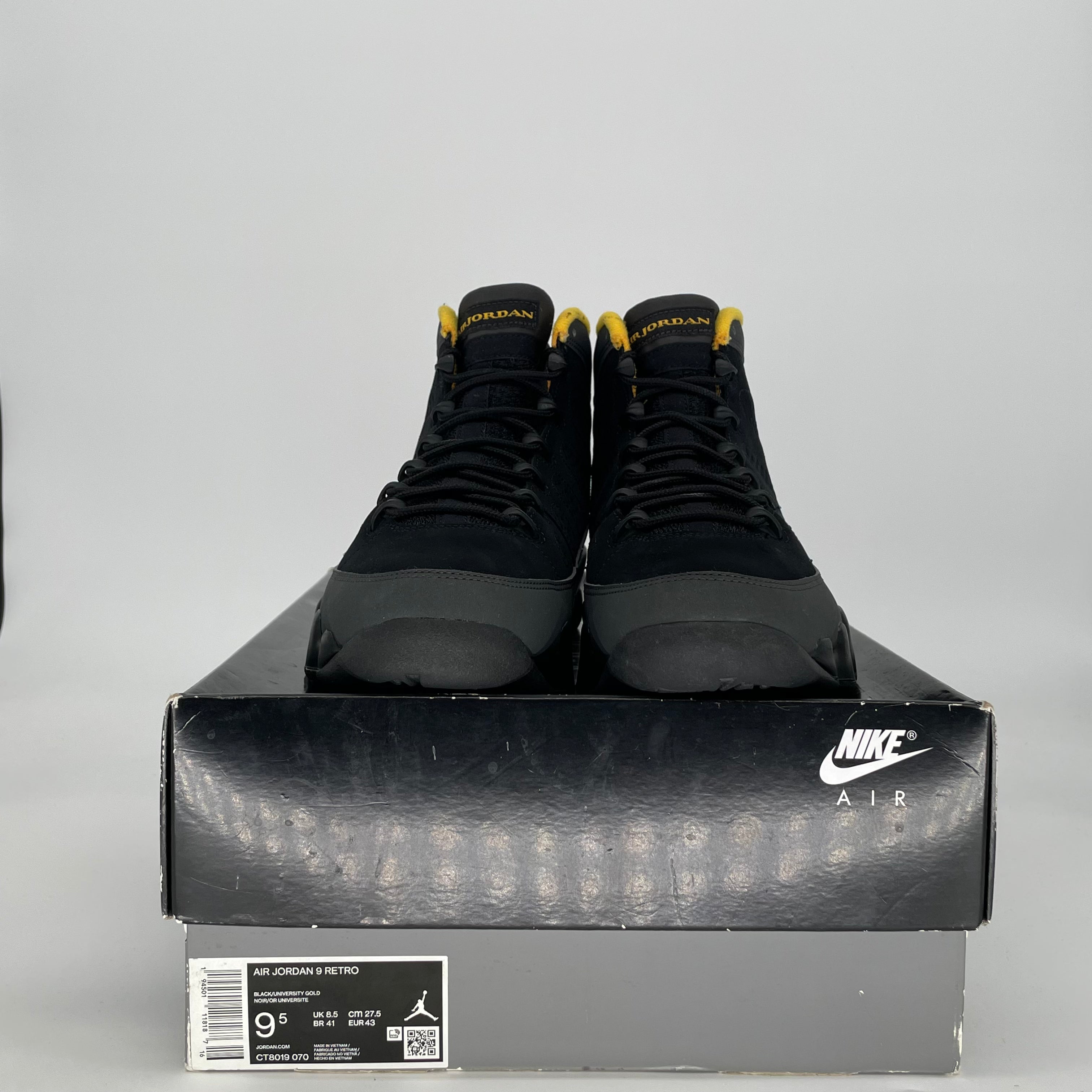 AIR JORDAN 9 DARK CHARCOAL UNIVERSITY GOLD CT8019-070 SIZE 9.5/11W