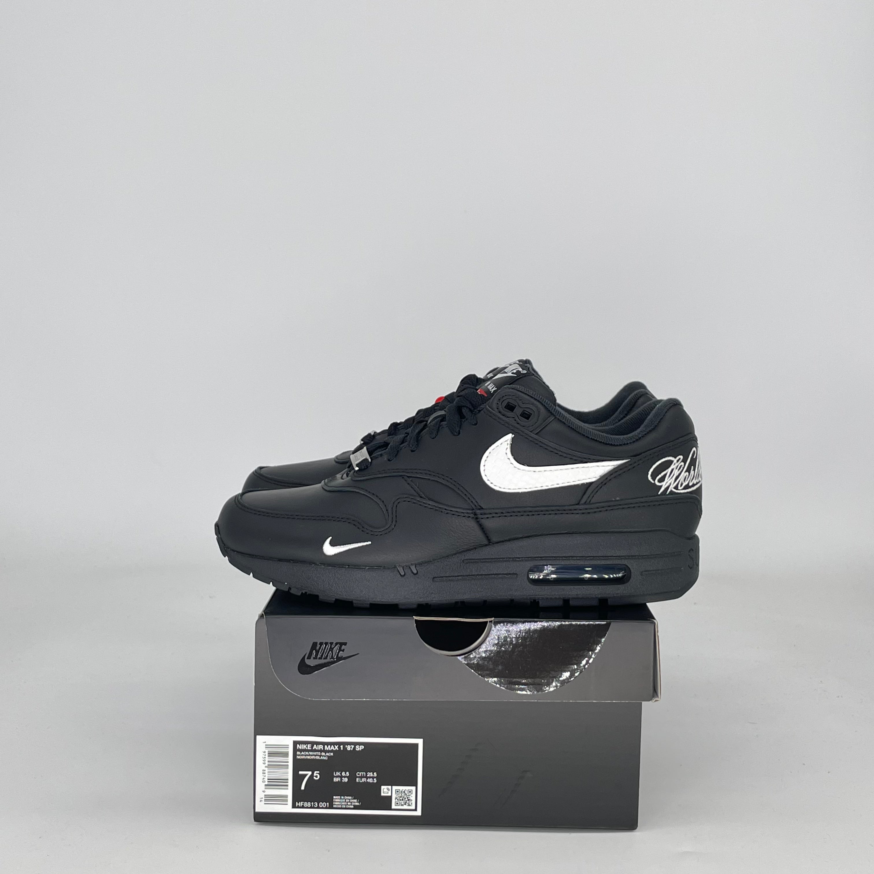 NIKE AIR MAX 1 '87 SUPREME BLACK WHITE HF8813-001 SIZE 7.5/9W MENS