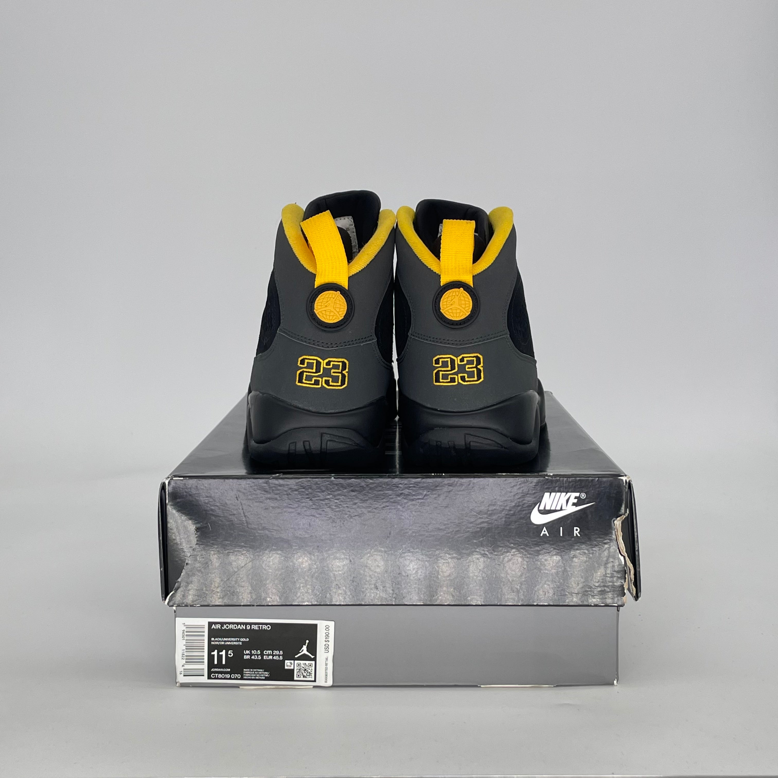 AIR JORDAN 9 DARK CHARCOAL UNIVERSITY GOLD CT8019-070 SIZE 11.5/13W