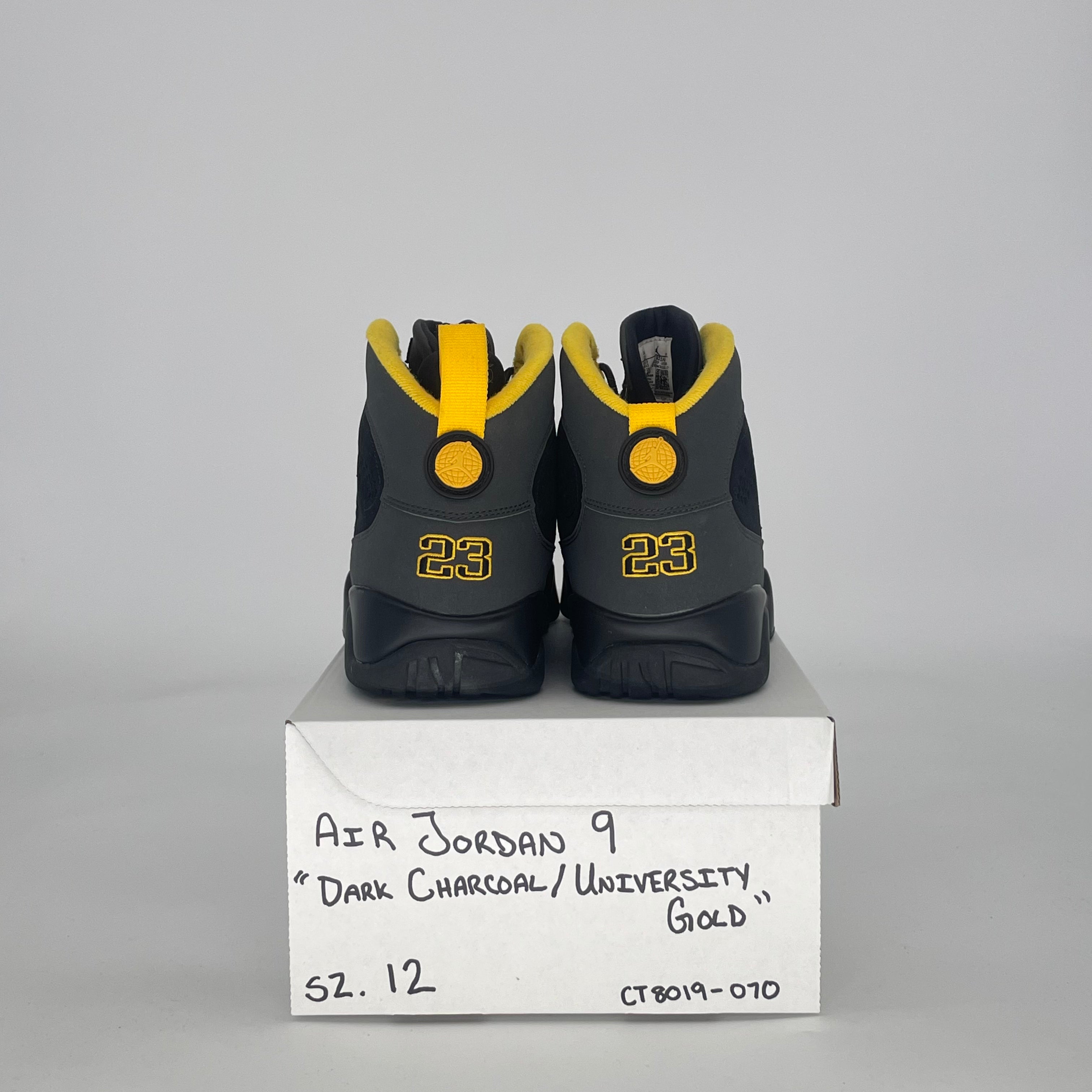 AIR JORDAN 9 DARK CHARCOAL UNIVERSITY GOLD CT8019-070 SIZE 12/13.5W