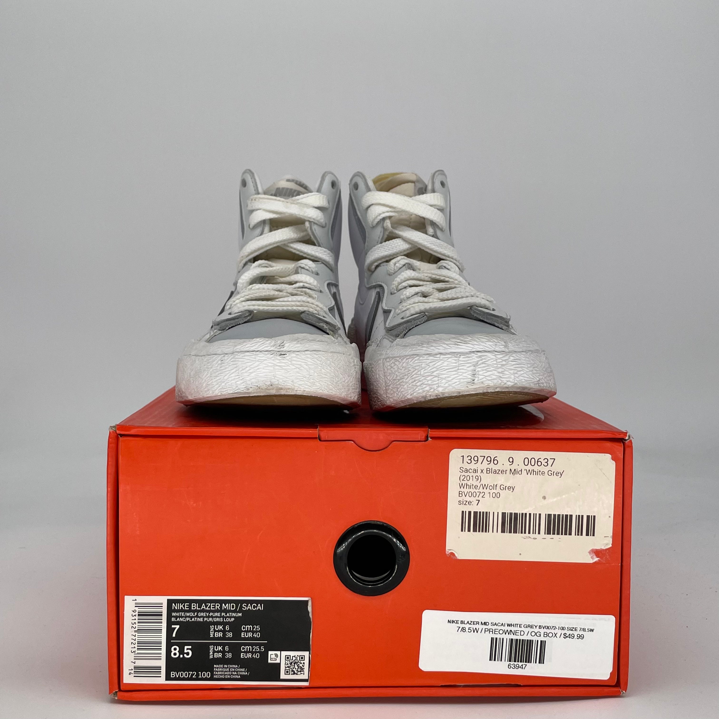 NIKE BLAZER MID SACAI WHITE GREY BV0072-100 SIZE 7/8.5W
