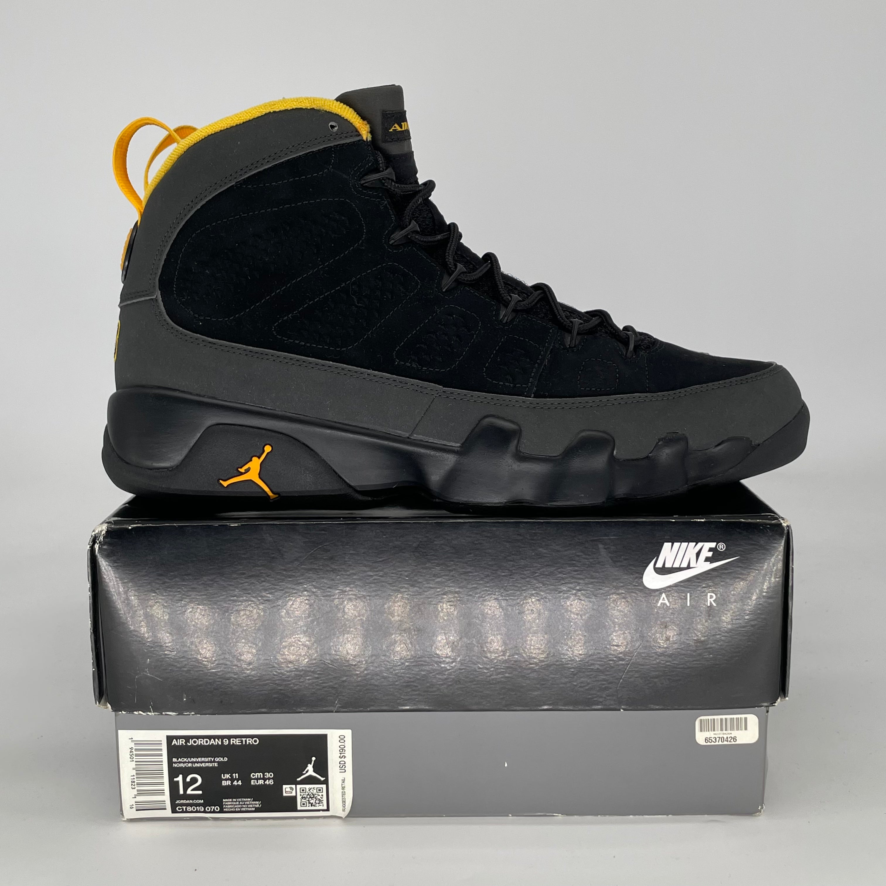 AIR JORDAN 9 DARK CHARCOAL UNIVERSITY GOLD CT8019-070 SIZE 12/13.5W