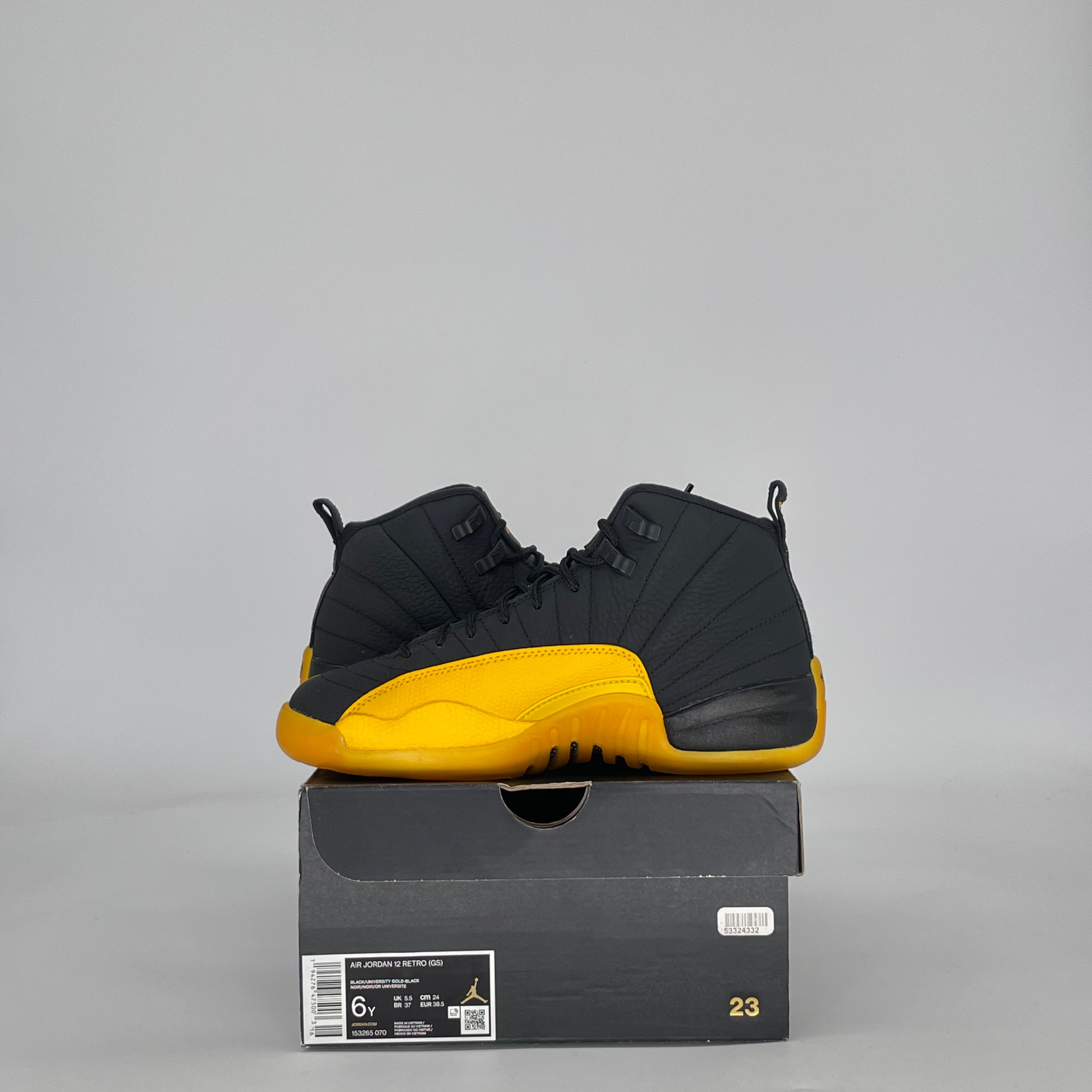 AIR JORDAN 12 BLACK UNIVERSITY GOLD 153265-070 SIZE 6/7.5W GS