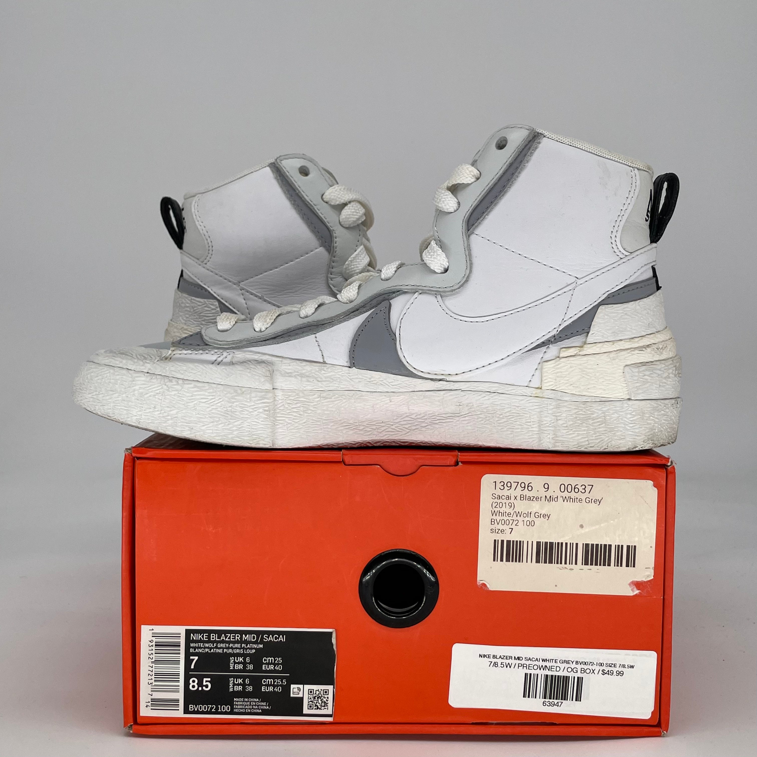 NIKE BLAZER MID SACAI WHITE GREY BV0072-100 SIZE 7/8.5W
