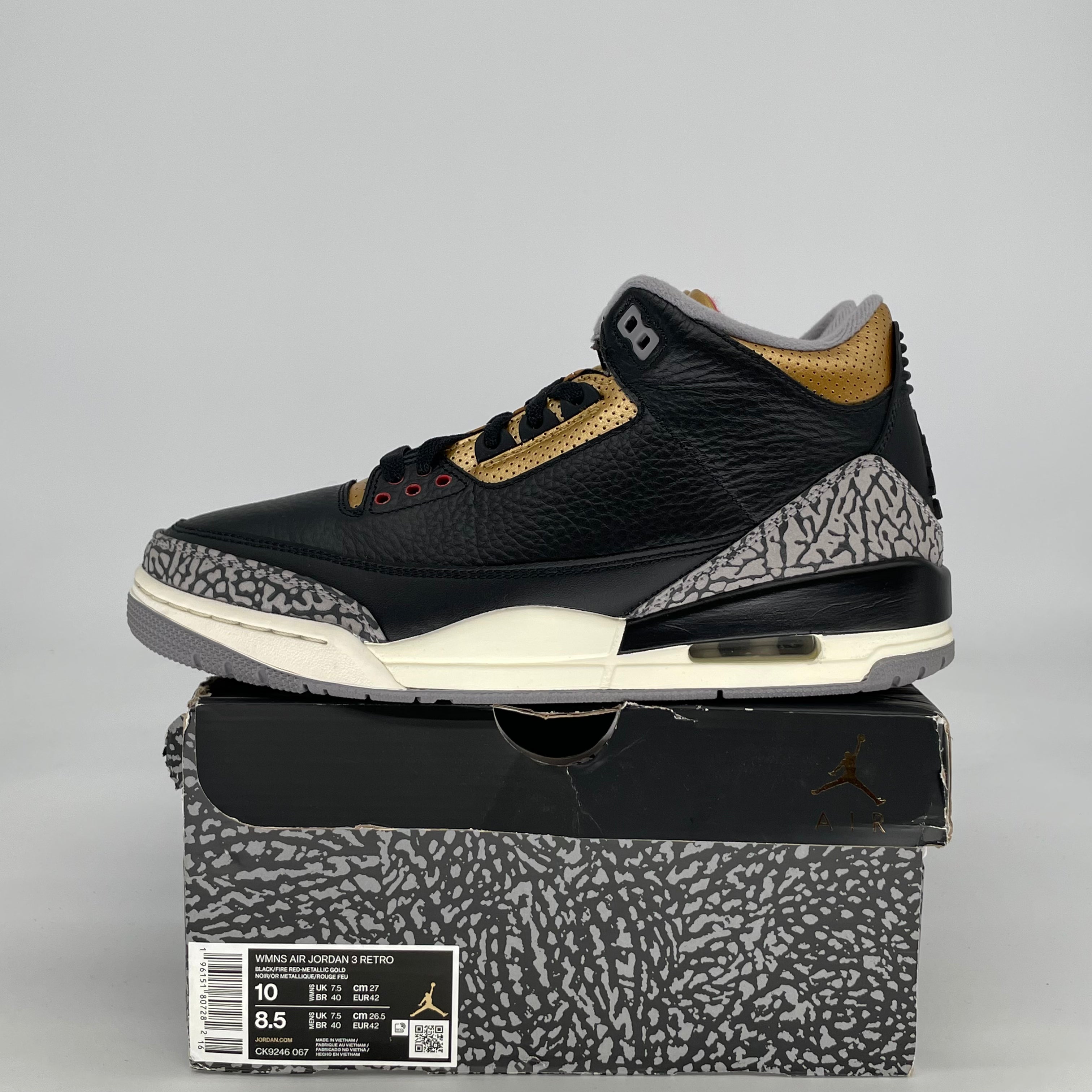 AIR JORDAN 3 BLACK CEMENT GOLD W CK9246-067 SIZE 8.5/10W