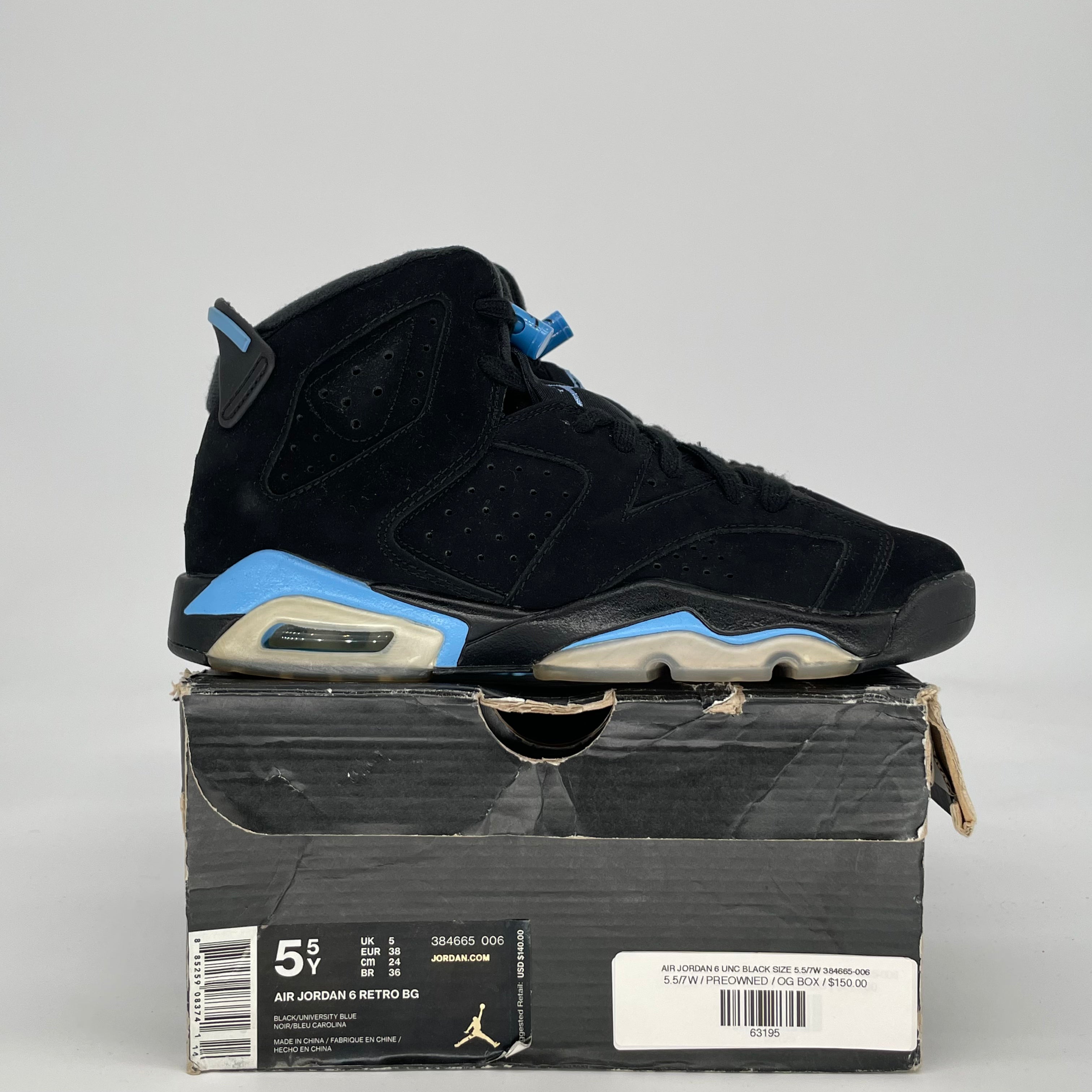 AIR JORDAN 6 UNC BLACK SIZE 5.5/7W 384665-006