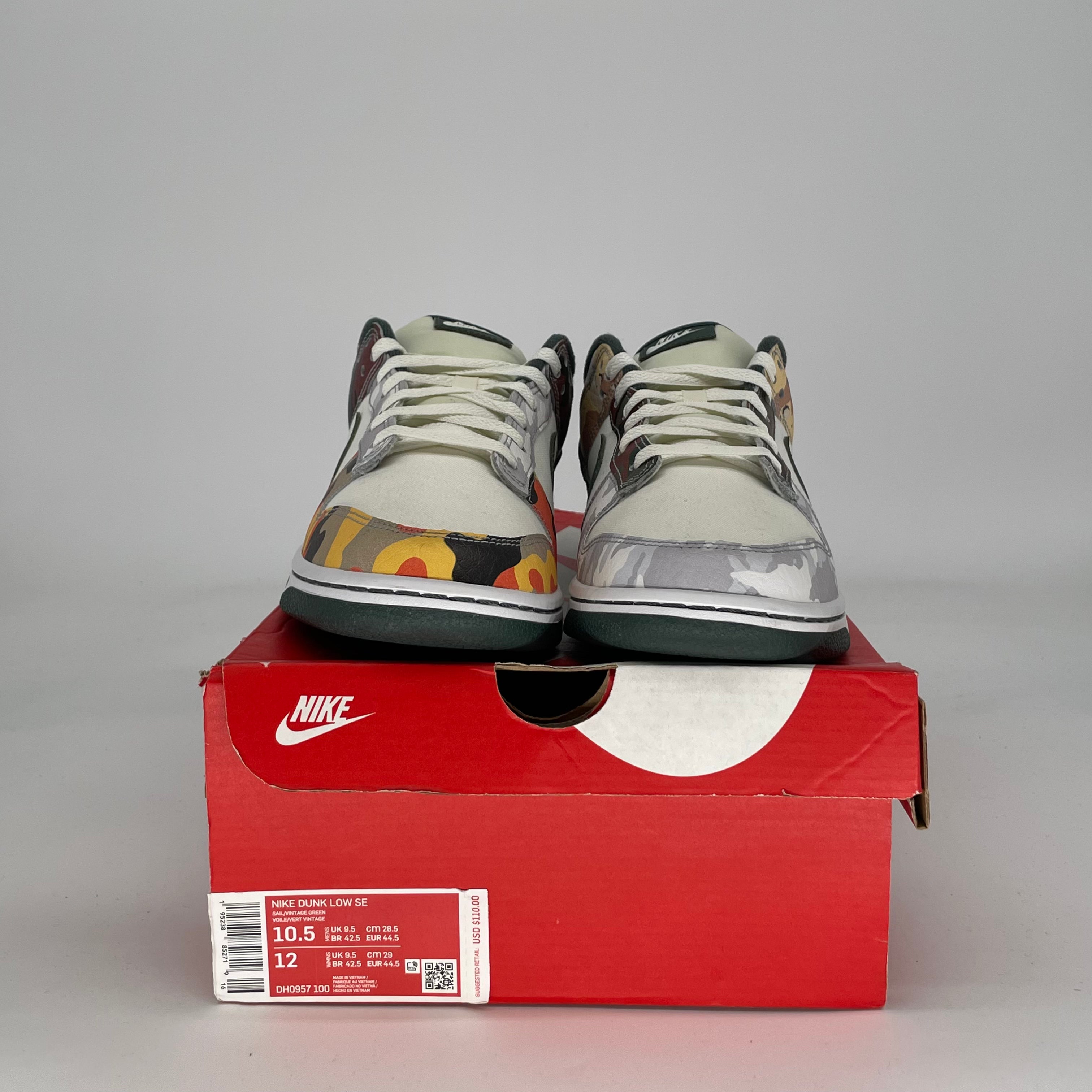 NIKE DUNK LOW SAIL MULTI CAMO DH0957-100 SIZE 10.5/12W