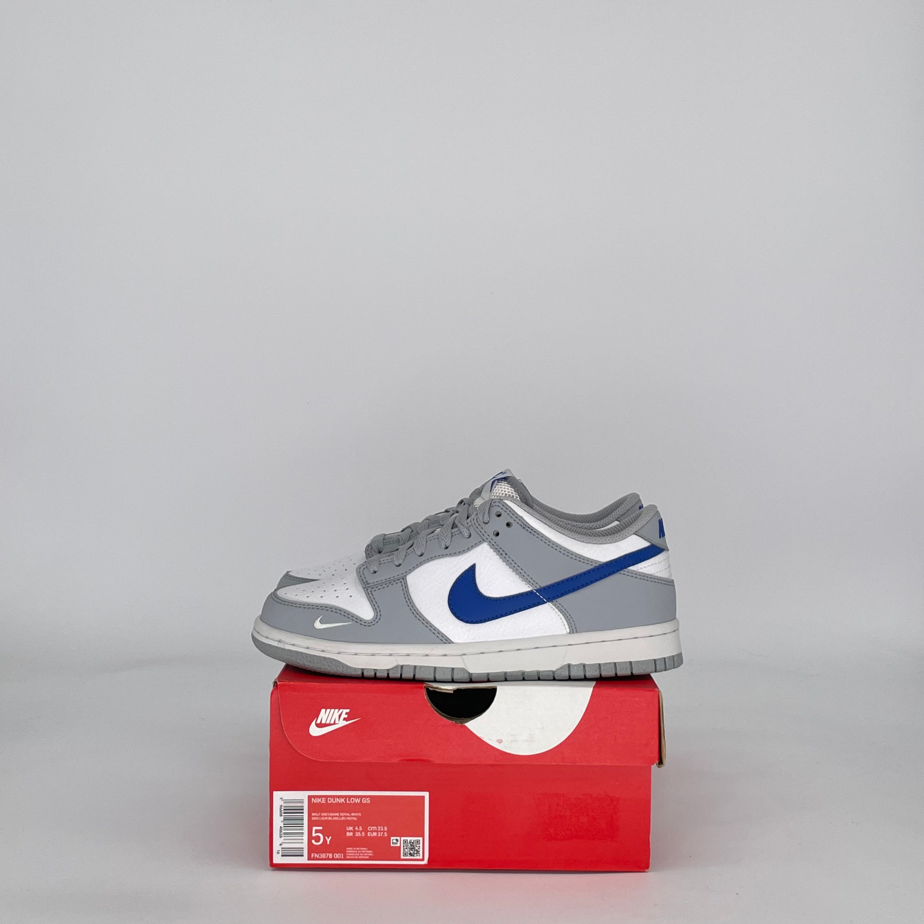 NIKE DUNK LOW MINI SWOOSH WOLF GREY GAME ROYAL FN3878-001 SIZE 5/6.5W GS