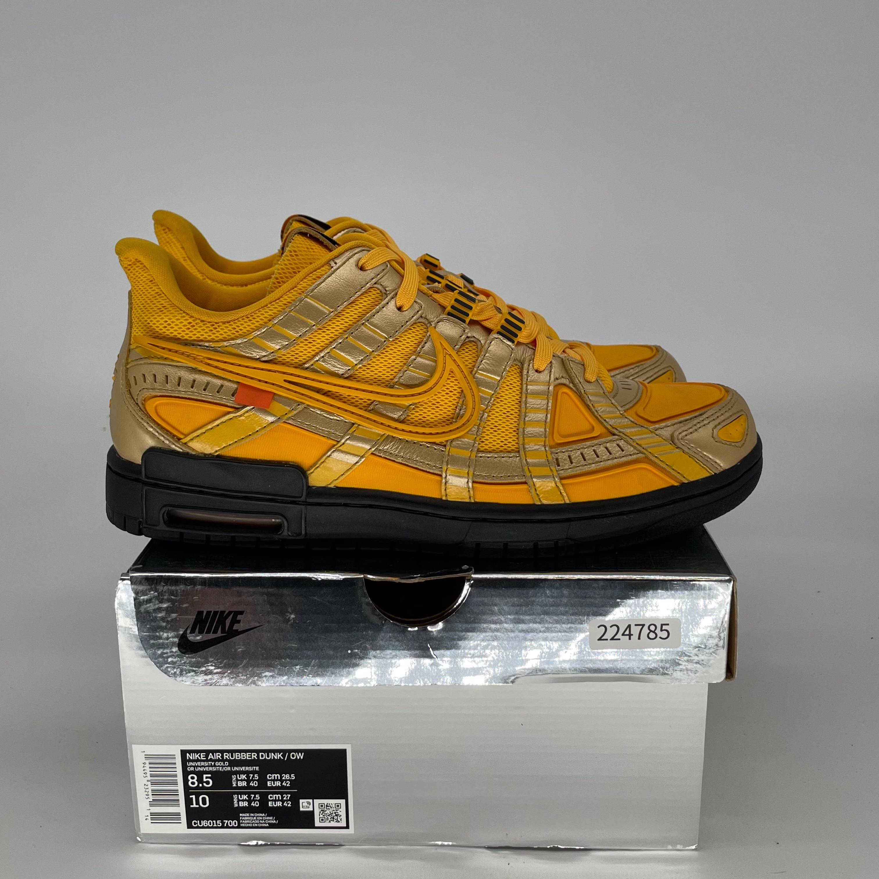 OFF WHITE X NIKE AIR RUBBER DUNK UNIVERSITY GOLD SIZE 8.5/10W CU6015-700