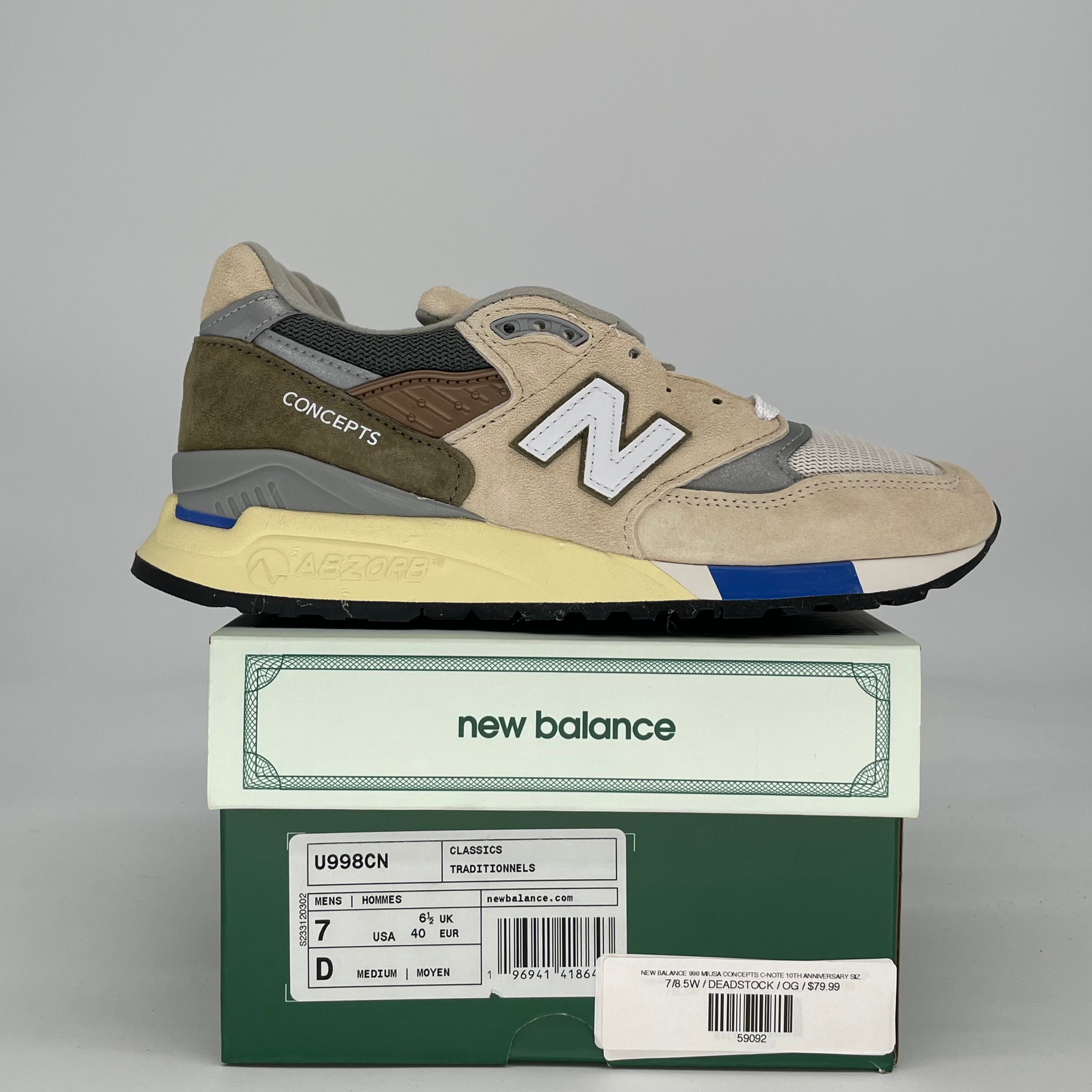 NEW BALANCE 998 MIUSA CONCEPTS C-NOTE 10TH ANNIVERSARY SIZE 7/8.5W U998CN