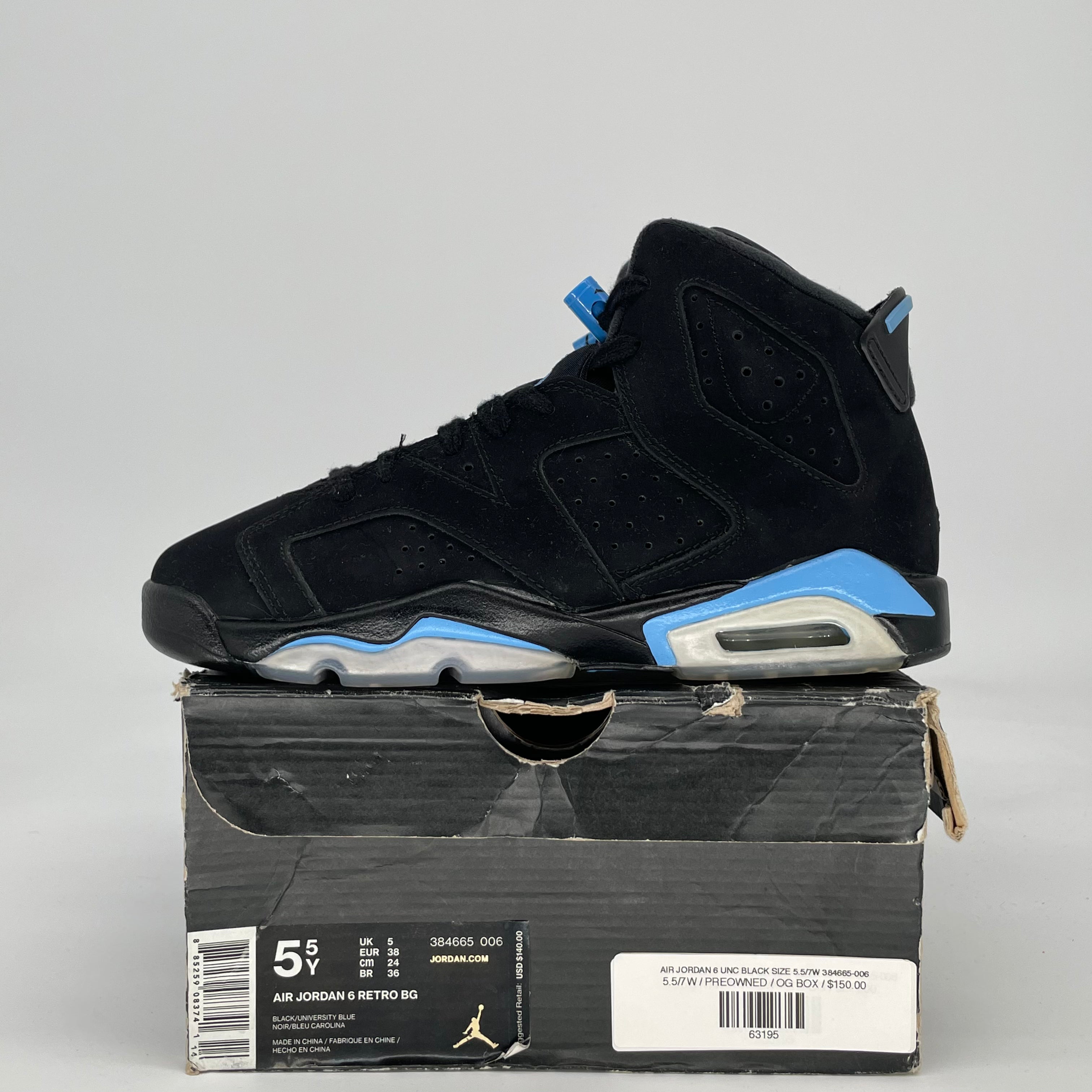 AIR JORDAN 6 UNC BLACK SIZE 5.5/7W 384665-006