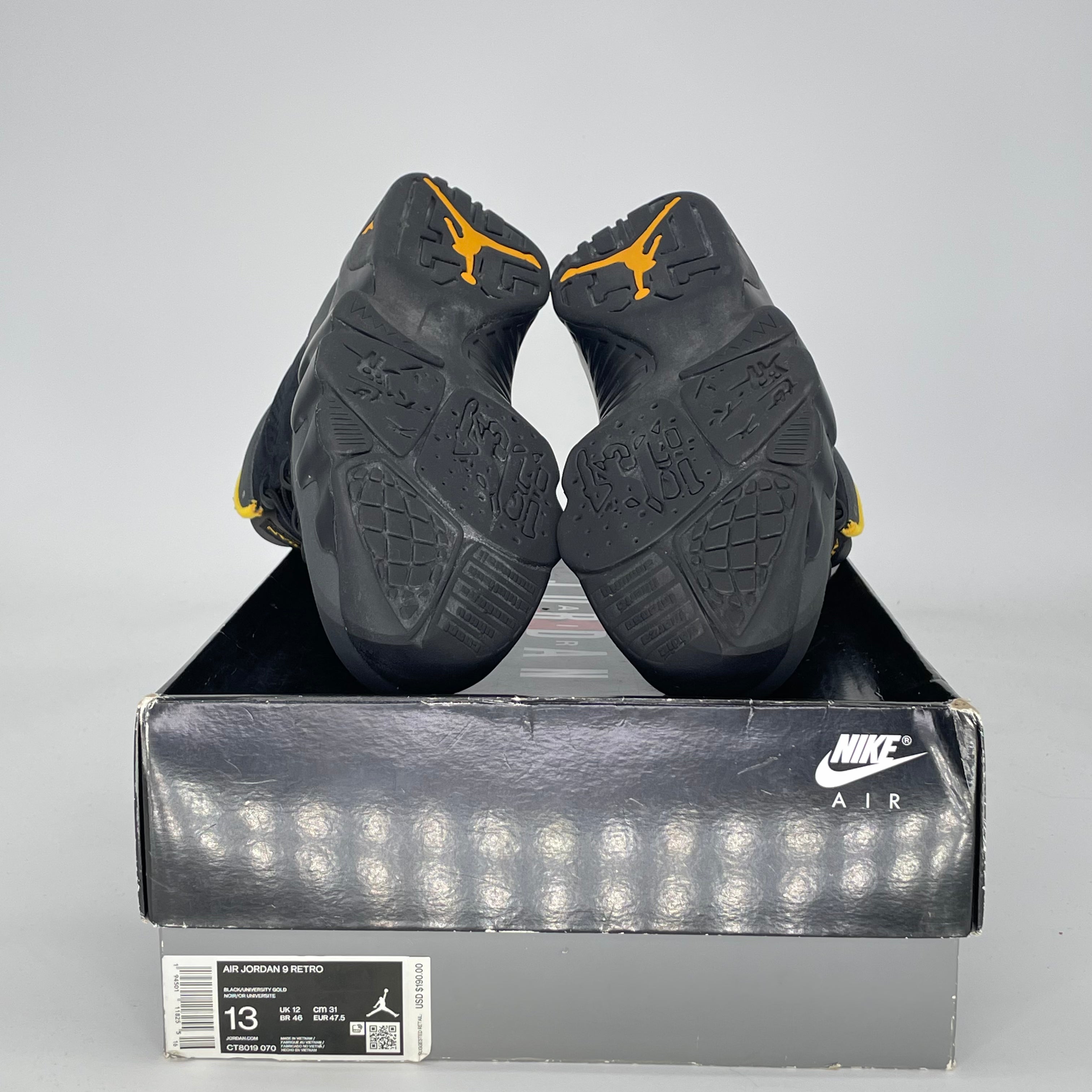AIR JORDAN 9 DARK CHARCOAL UNIVERSITY GOLD CT8019-070 SIZE 13/14.5W