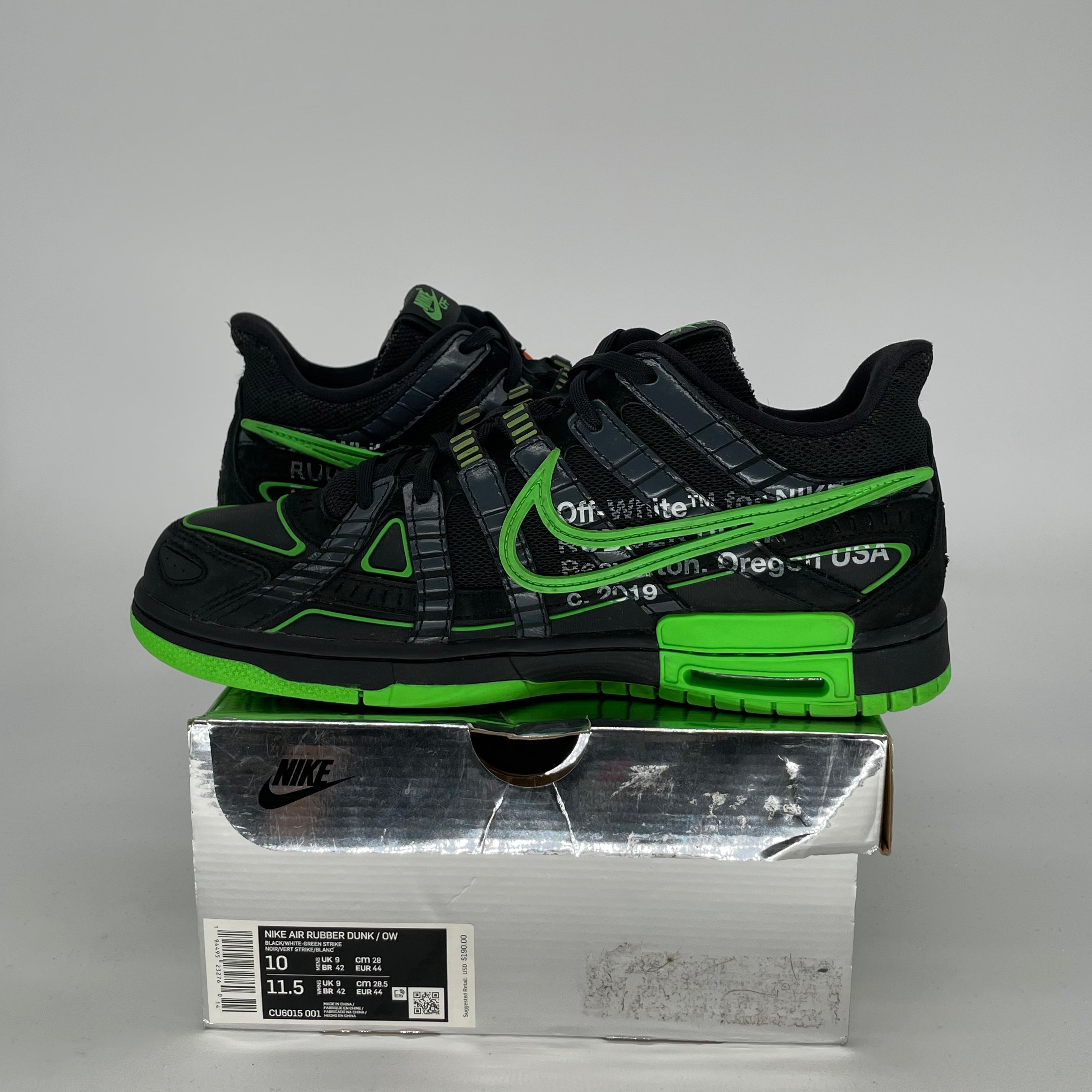 OFF WHITE X NIKE AIR RUBBER DUNK GREEN STRIKE SIZE 10/11.5W CU6015-001