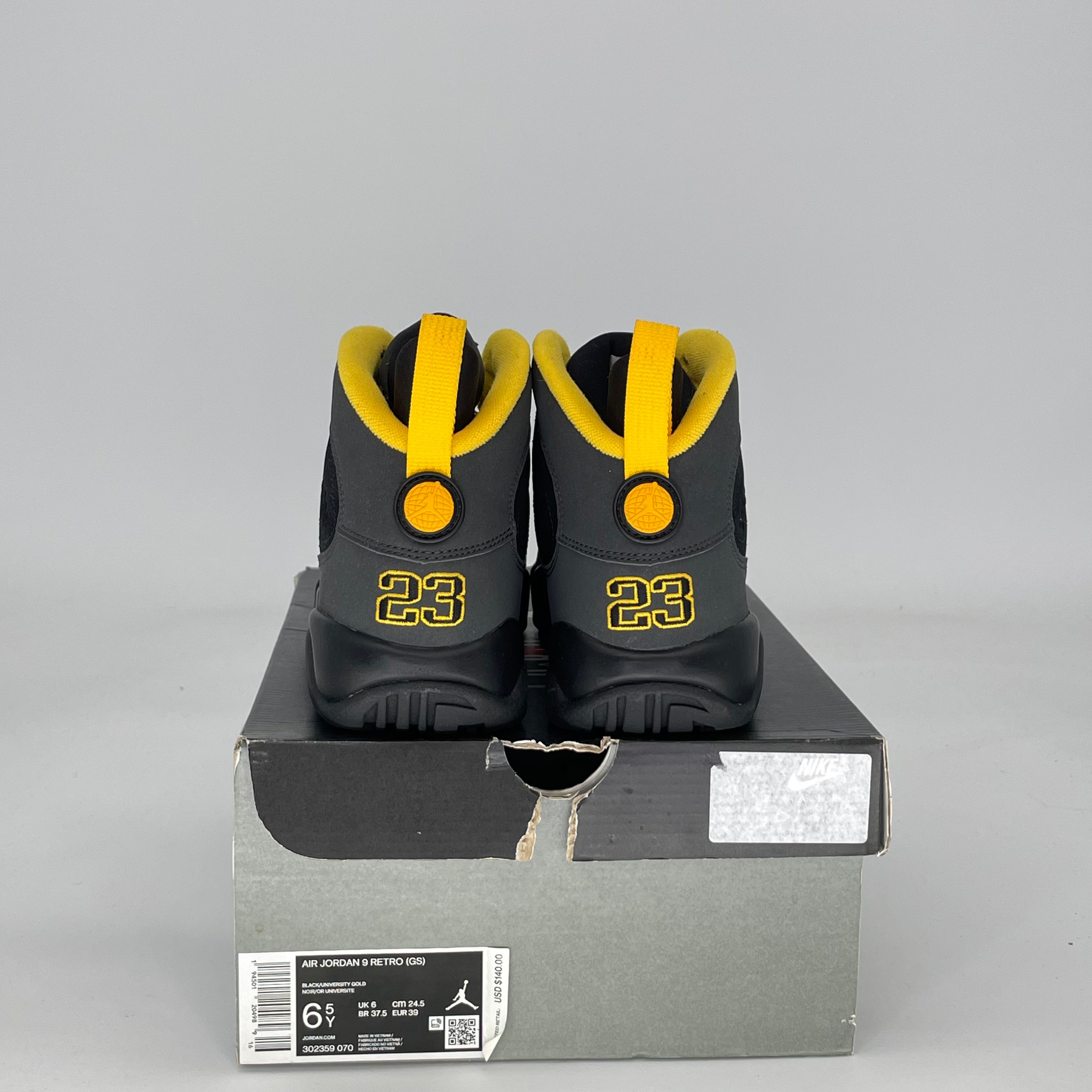 AIR JORDAN 9 DARK CHARCOAL UNIVERSITY GOLD 302359-070 SIZE 6.5/8W GS