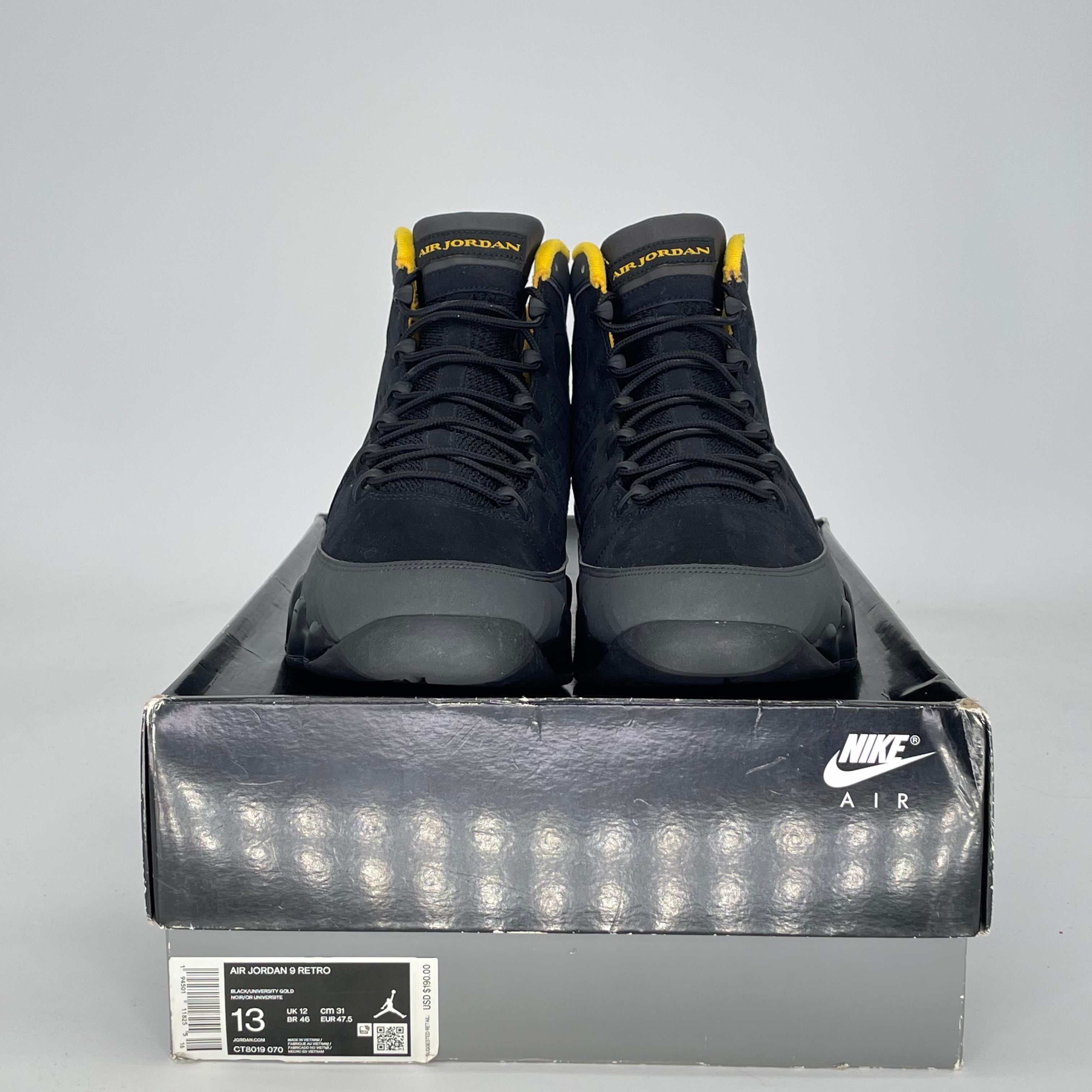 AIR JORDAN 9 DARK CHARCOAL UNIVERSITY GOLD CT8019-070 SIZE 13/14.5W