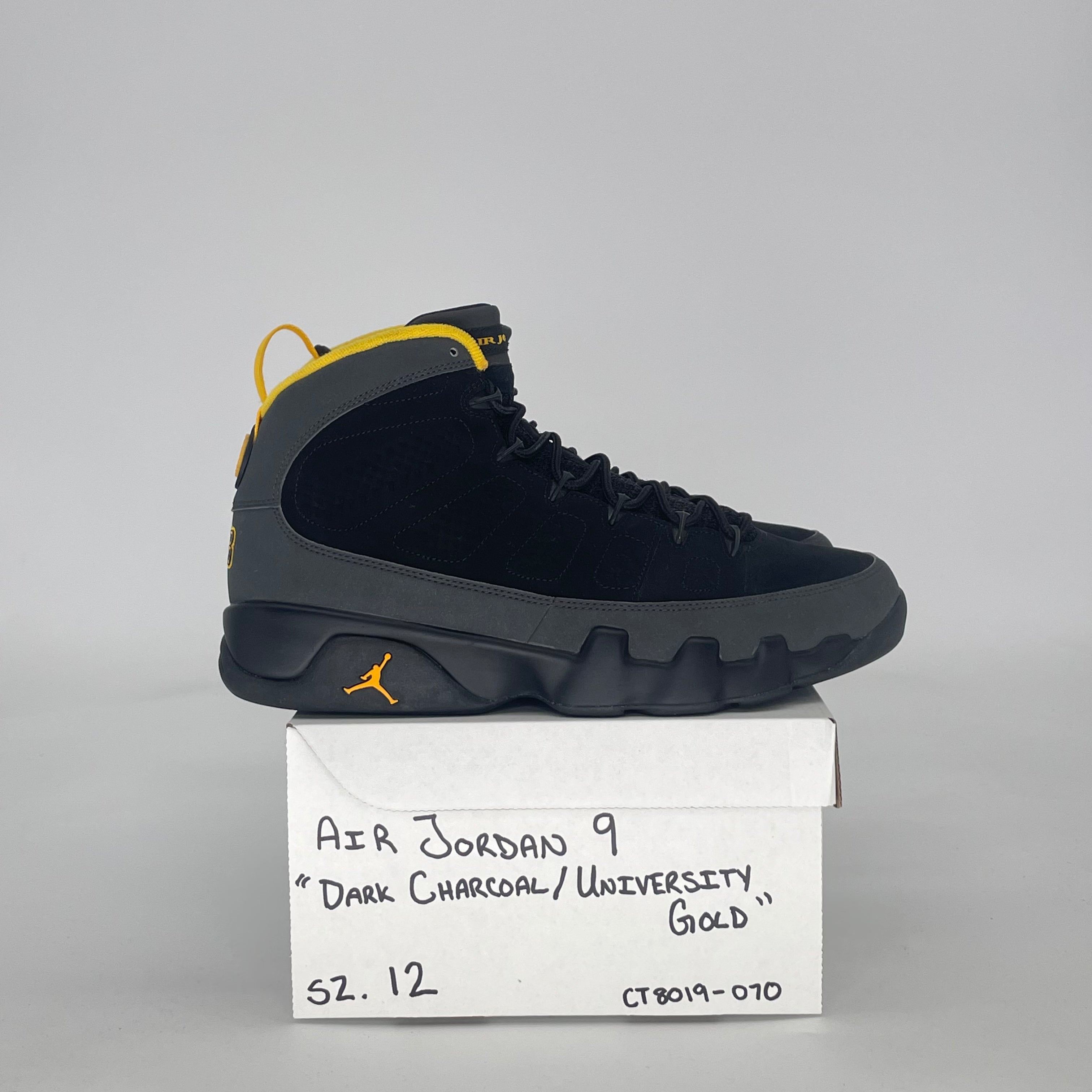 AIR JORDAN 9 DARK CHARCOAL UNIVERSITY GOLD CT8019-070 SIZE 12/13.5W