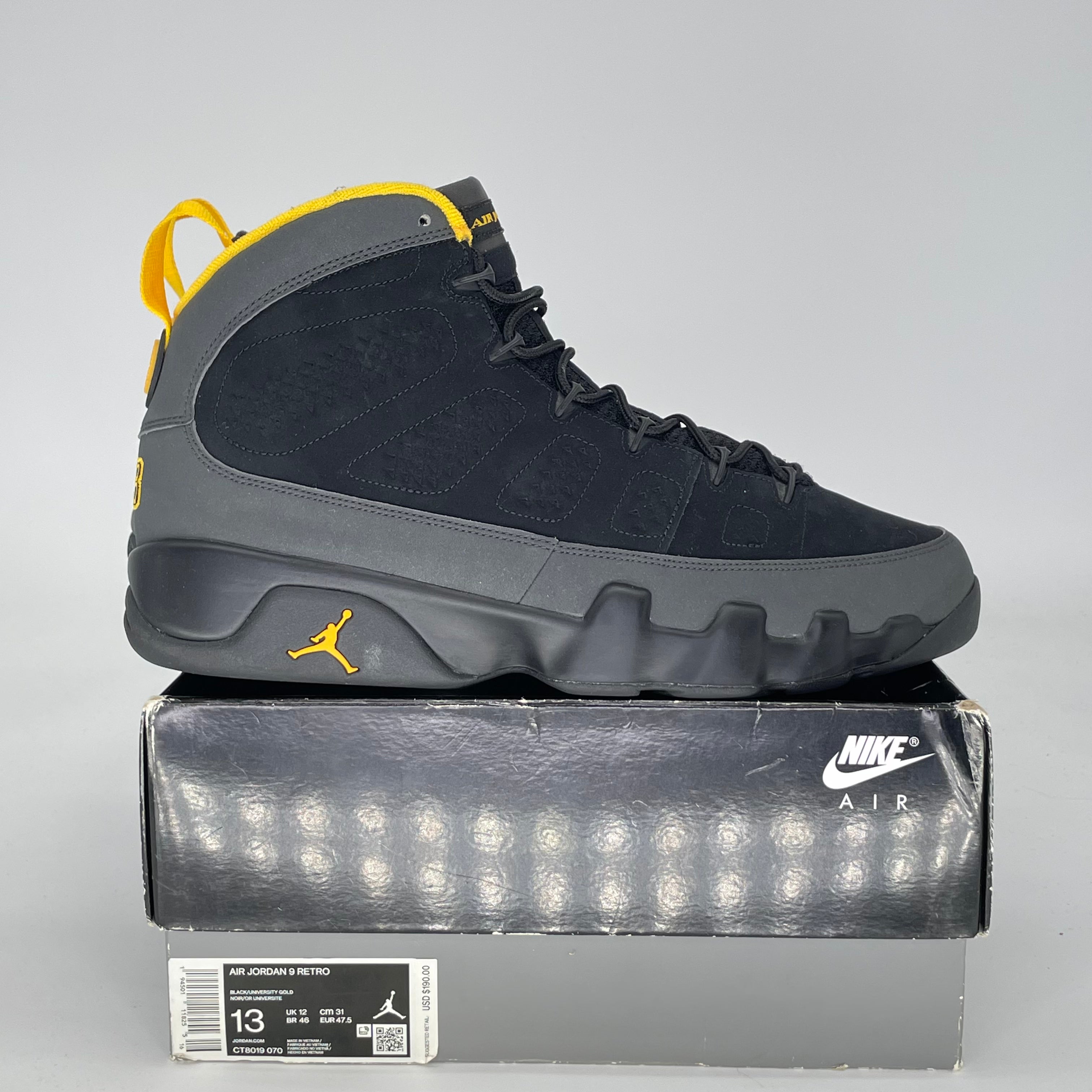 AIR JORDAN 9 DARK CHARCOAL UNIVERSITY GOLD CT8019-070 SIZE 13/14.5W