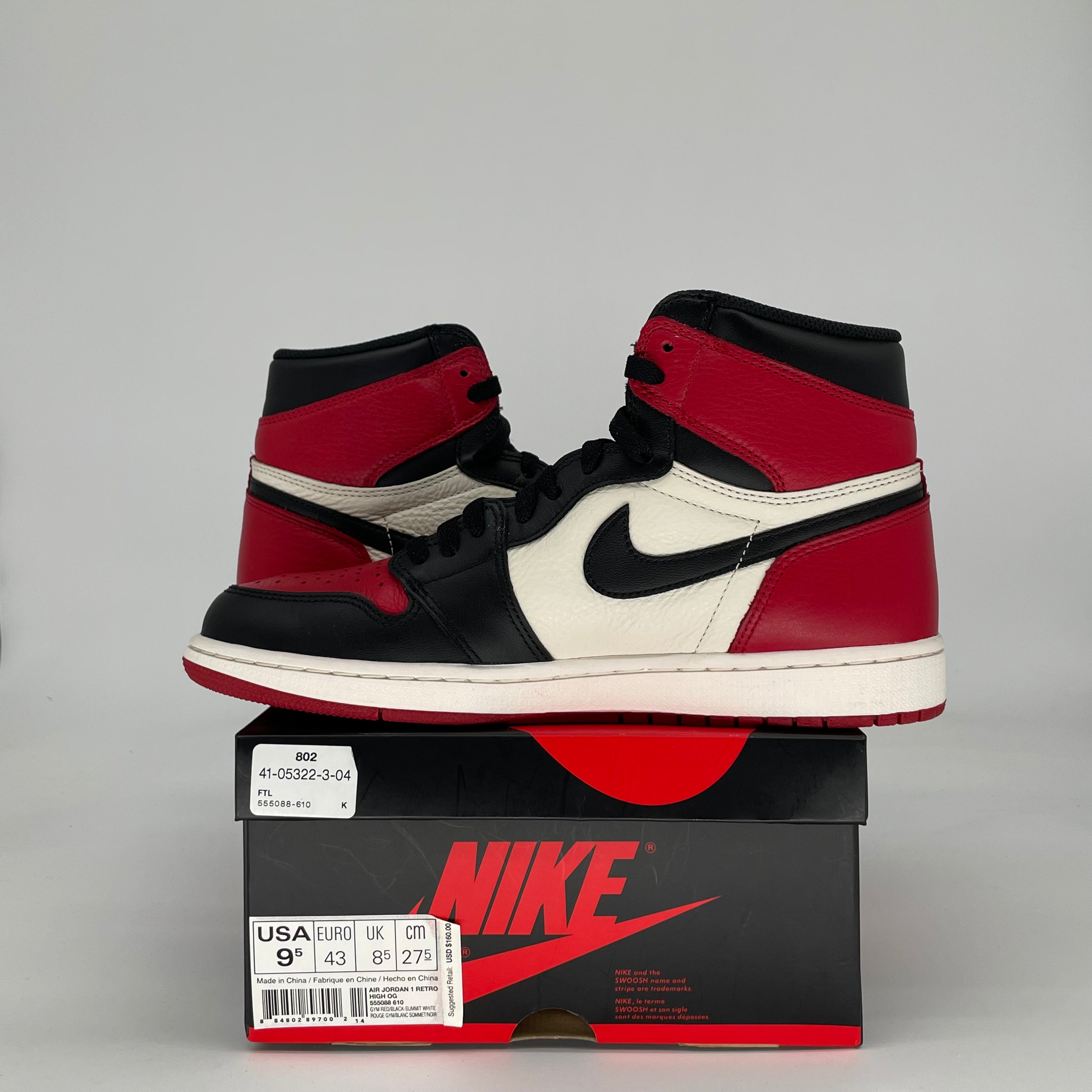 AIR JORDAN 1 BRED TOE 555088-610 SIZE 9.5/11W