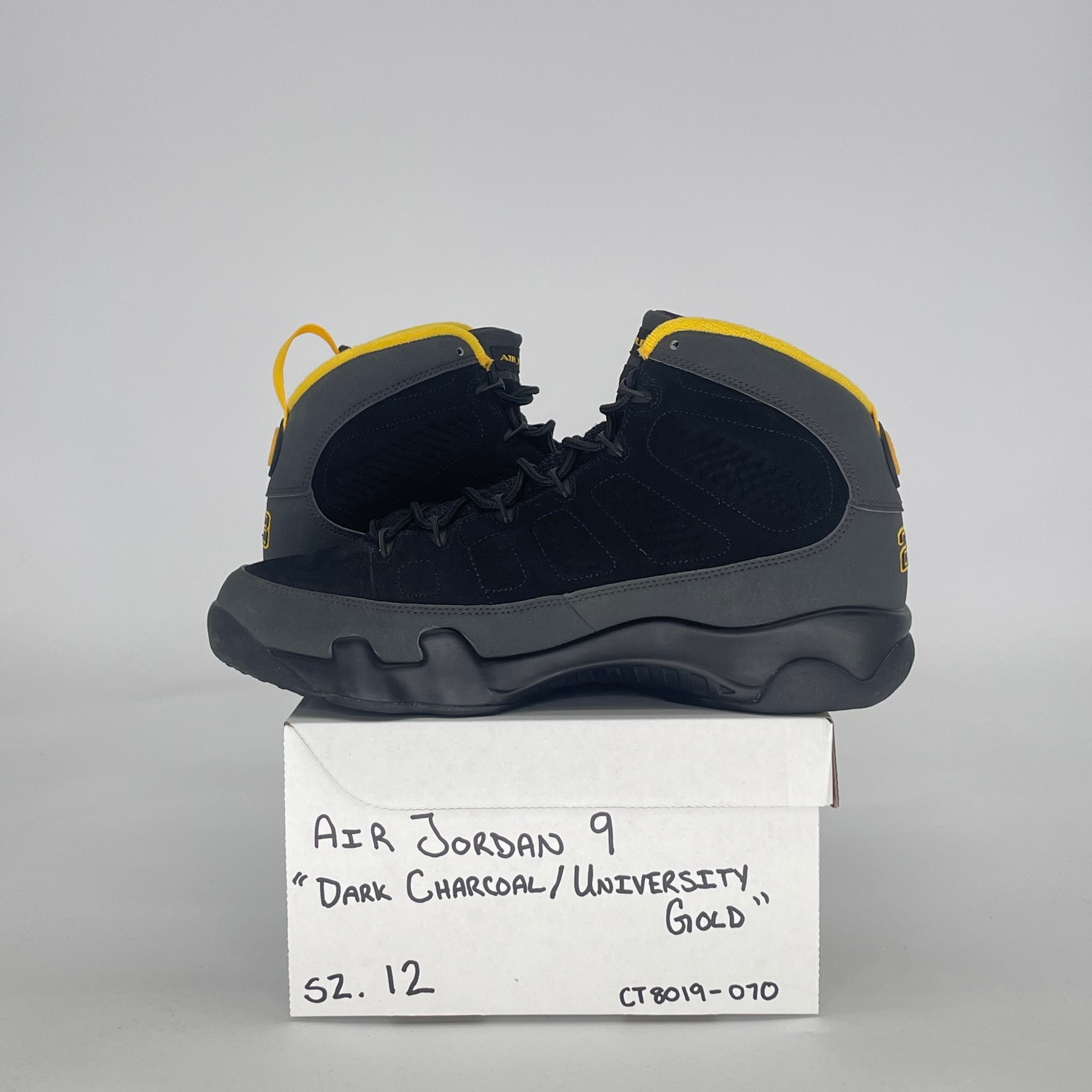 AIR JORDAN 9 DARK CHARCOAL UNIVERSITY GOLD CT8019-070 SIZE 12/13.5W