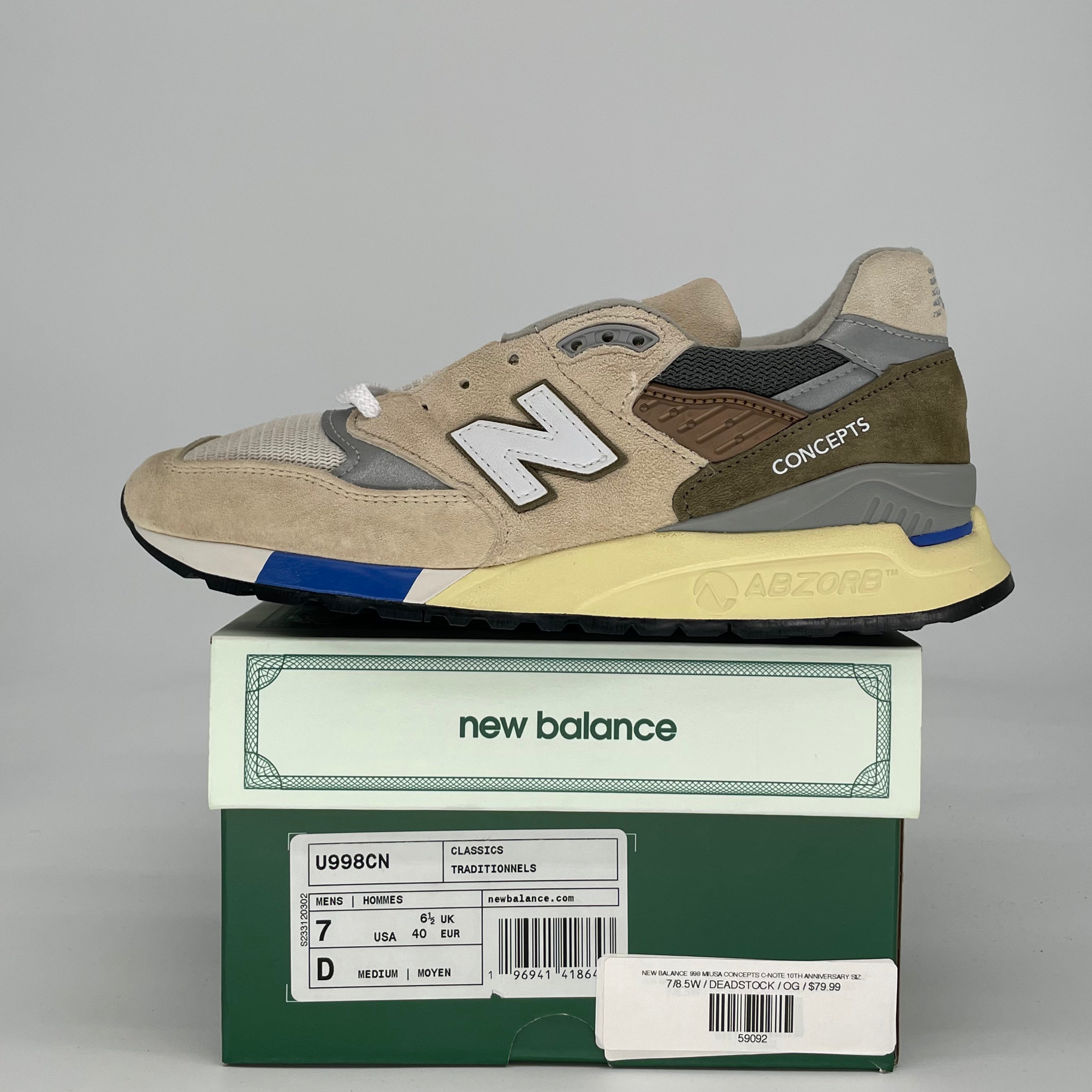NEW BALANCE 998 MIUSA CONCEPTS C-NOTE 10TH ANNIVERSARY SIZE 7/8.5W U998CN