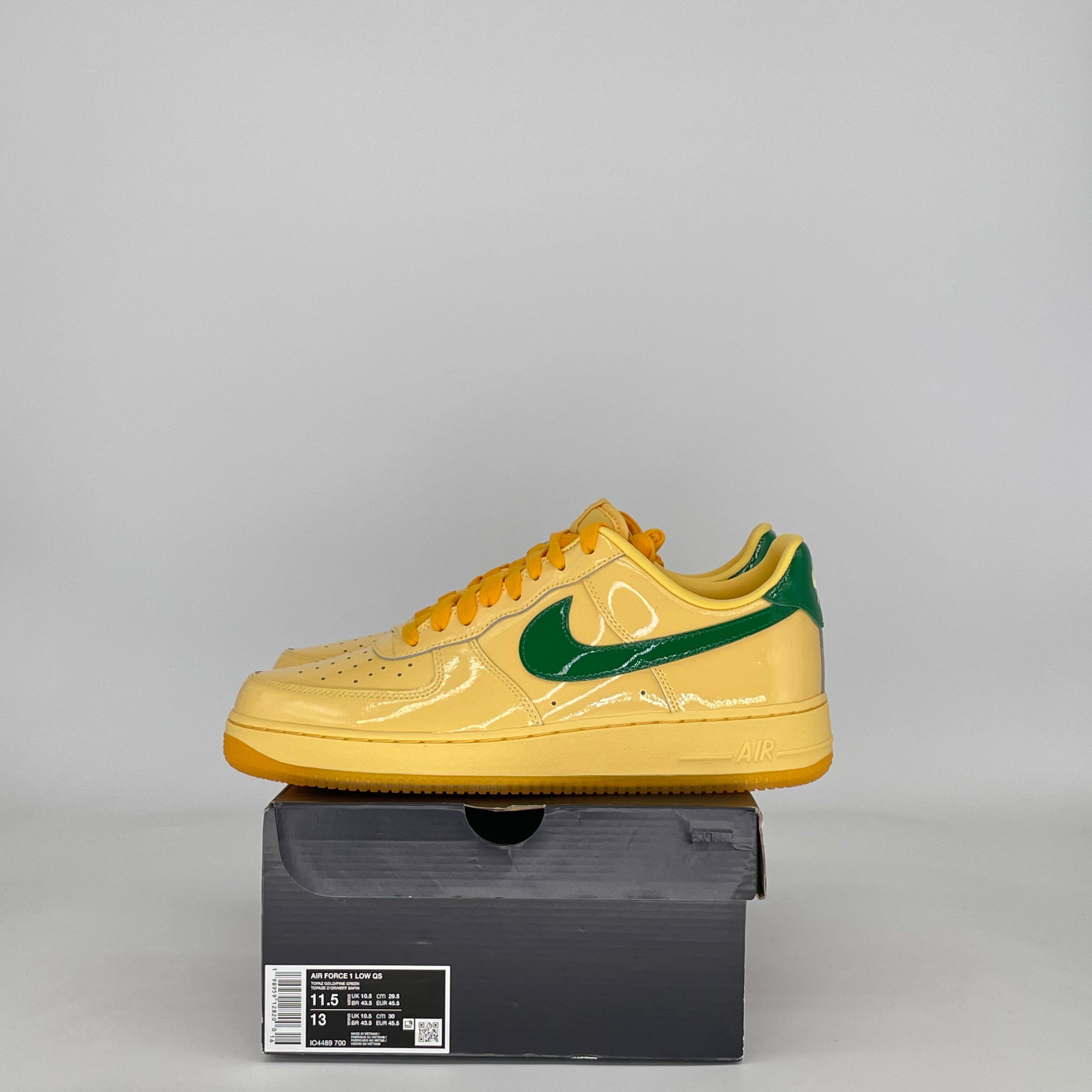 NIKE AIR FORCE 1 LOW PATENT LEATHER TOPAZ GOLD PINE GREEN IO4489-700 SIZE 11.5/13W