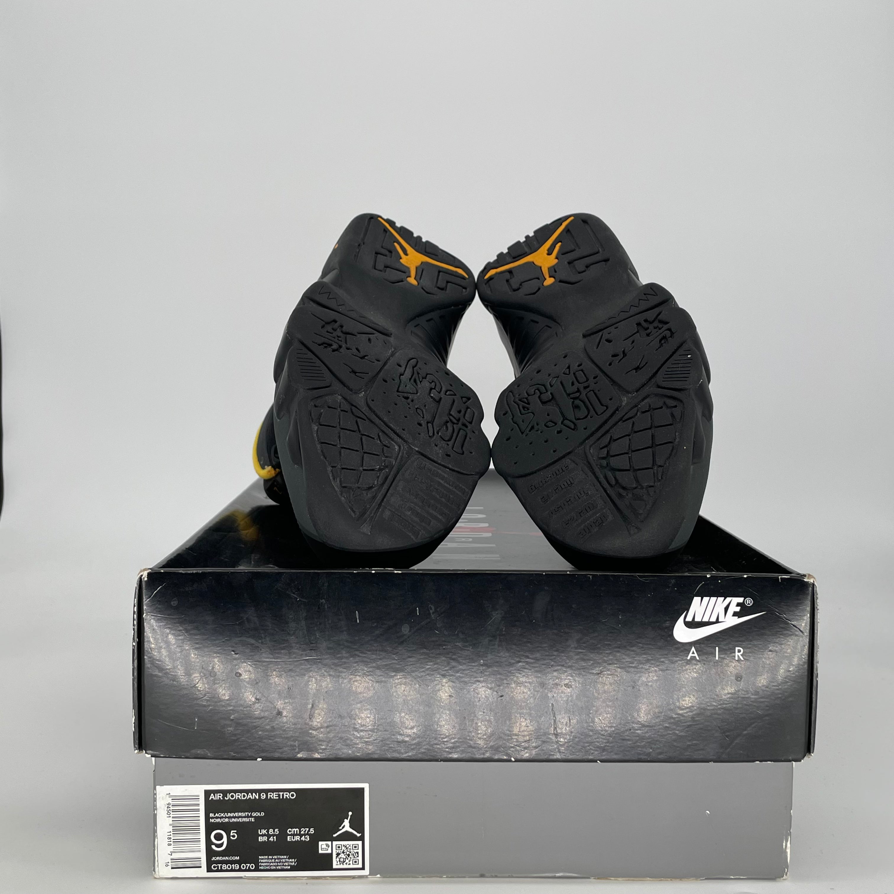 AIR JORDAN 9 DARK CHARCOAL UNIVERSITY GOLD CT8019-070 SIZE 9.5/11W