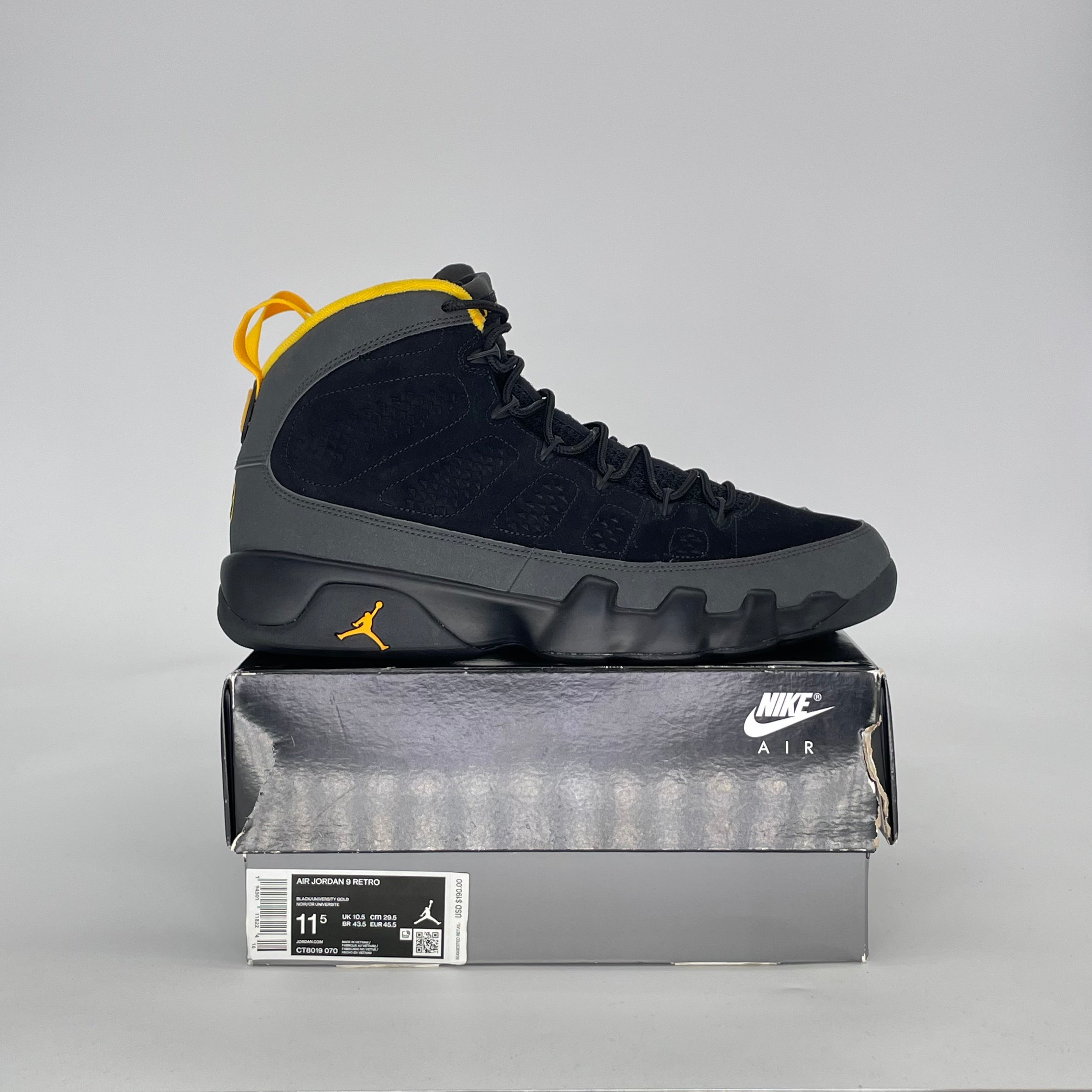 AIR JORDAN 9 DARK CHARCOAL UNIVERSITY GOLD CT8019-070 SIZE 11.5/13W