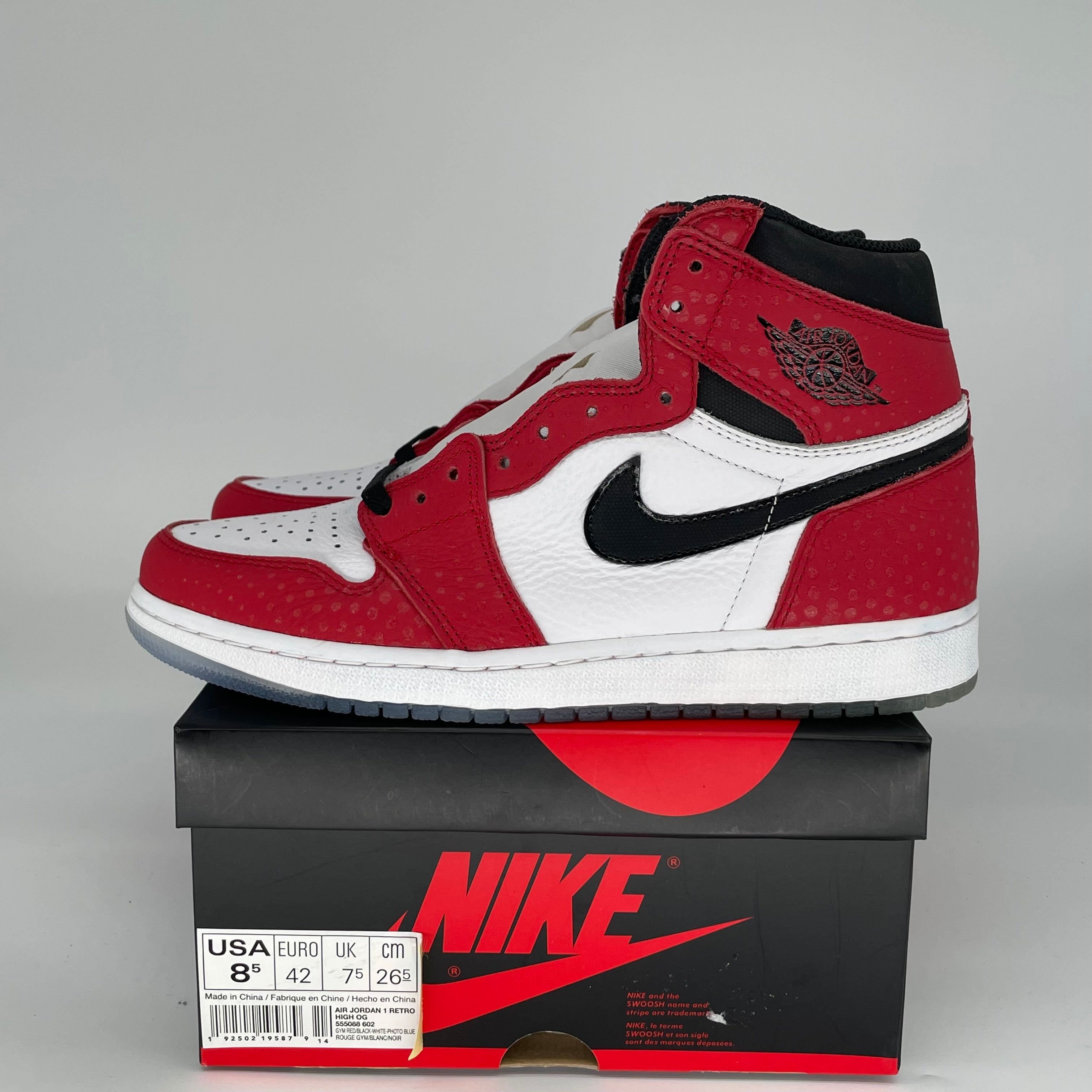 AIR JORDAN 1 SPIDER MAN ORIGIN STORY SIZE 8.5 555088-602