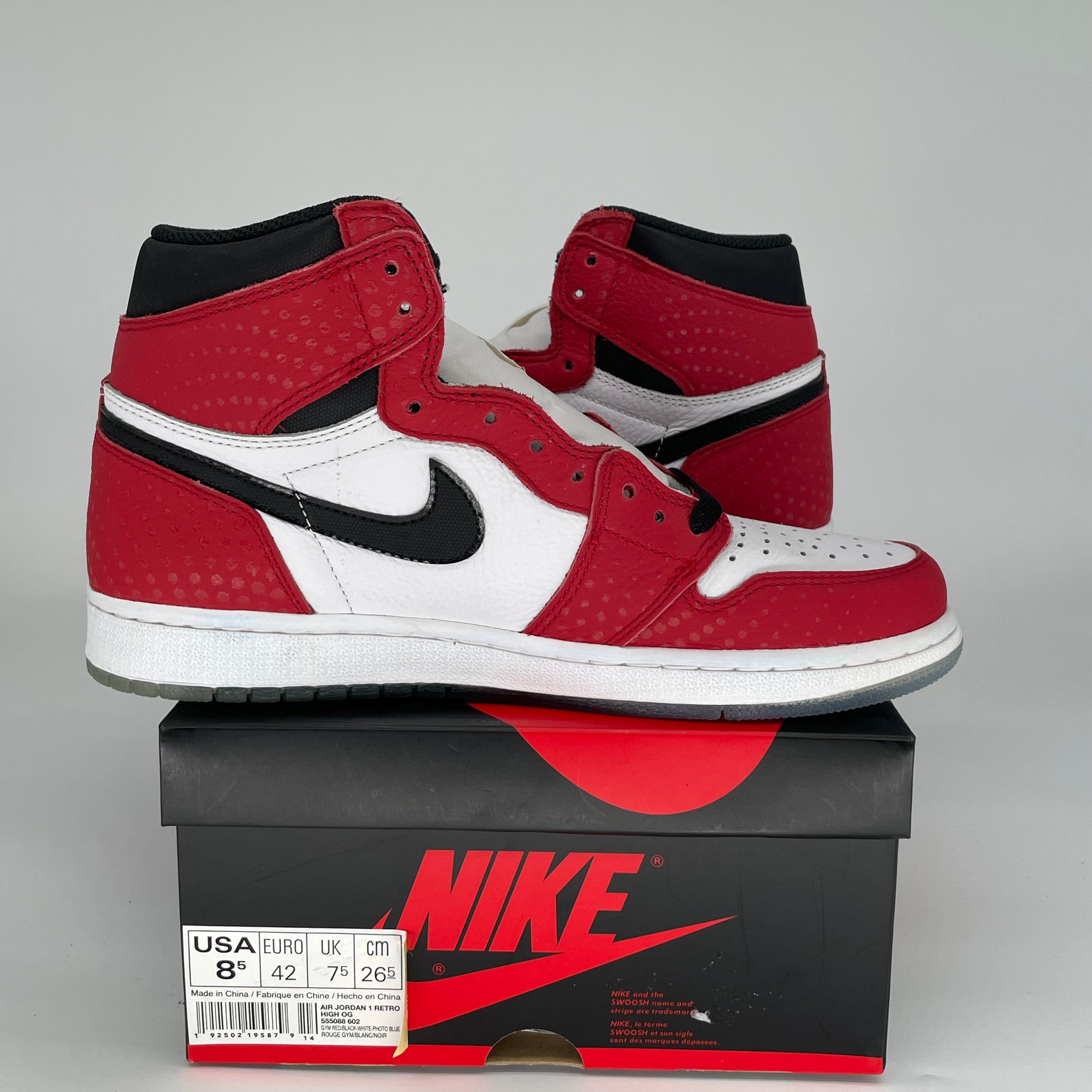 AIR JORDAN 1 SPIDER MAN ORIGIN STORY SIZE 8.5 555088-602