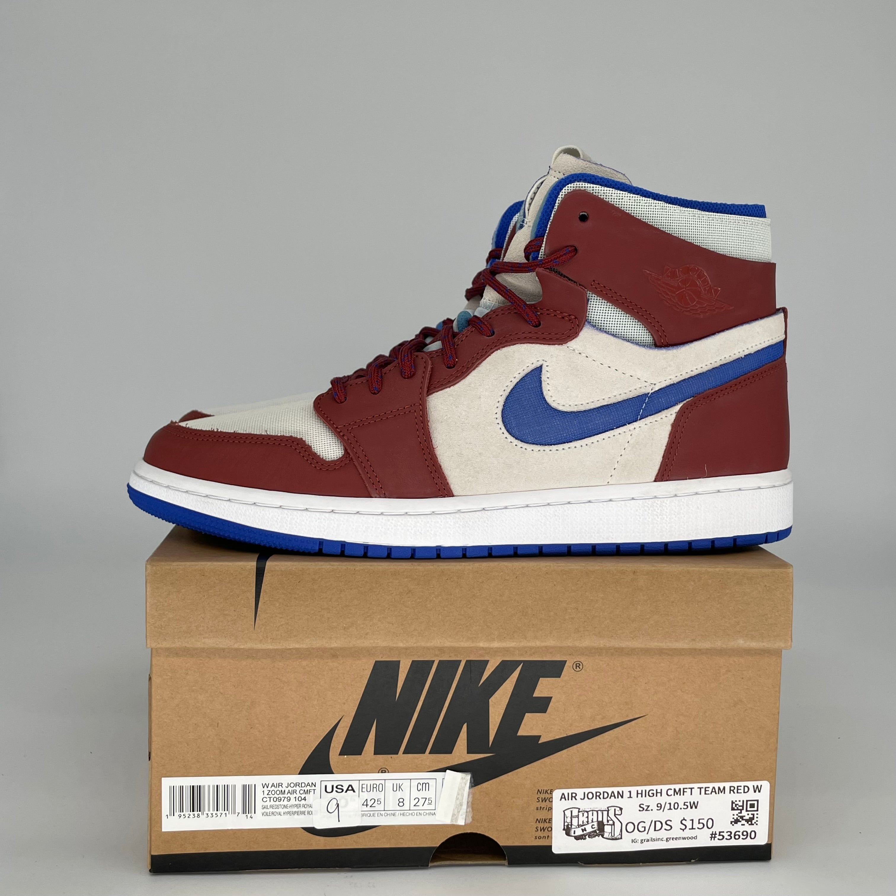 AIR JORDAN 1 HIGH CMFT TEAM RED W SIZE 9/10.5W CT0979-104