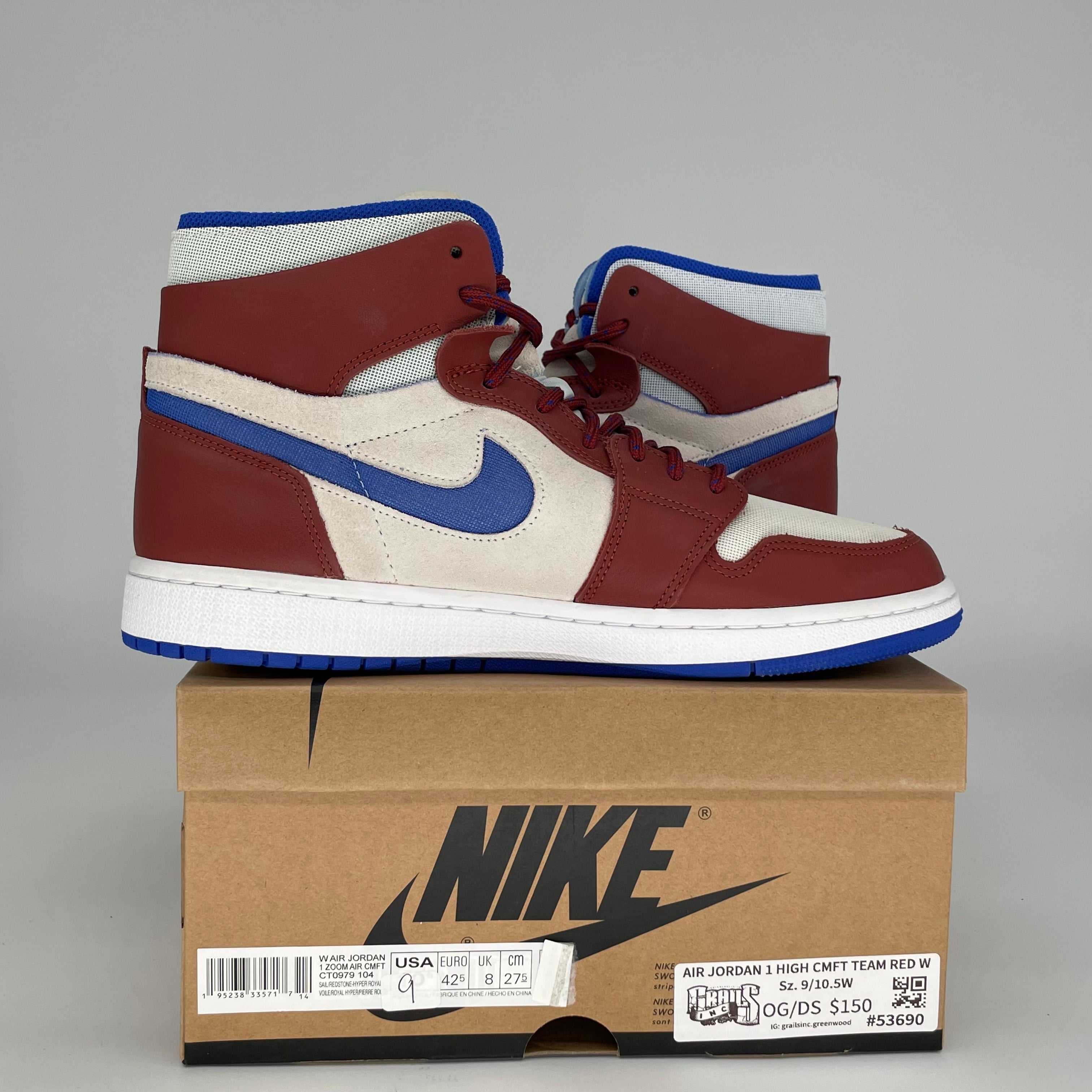 AIR JORDAN 1 HIGH CMFT TEAM RED W SIZE 9/10.5W CT0979-104