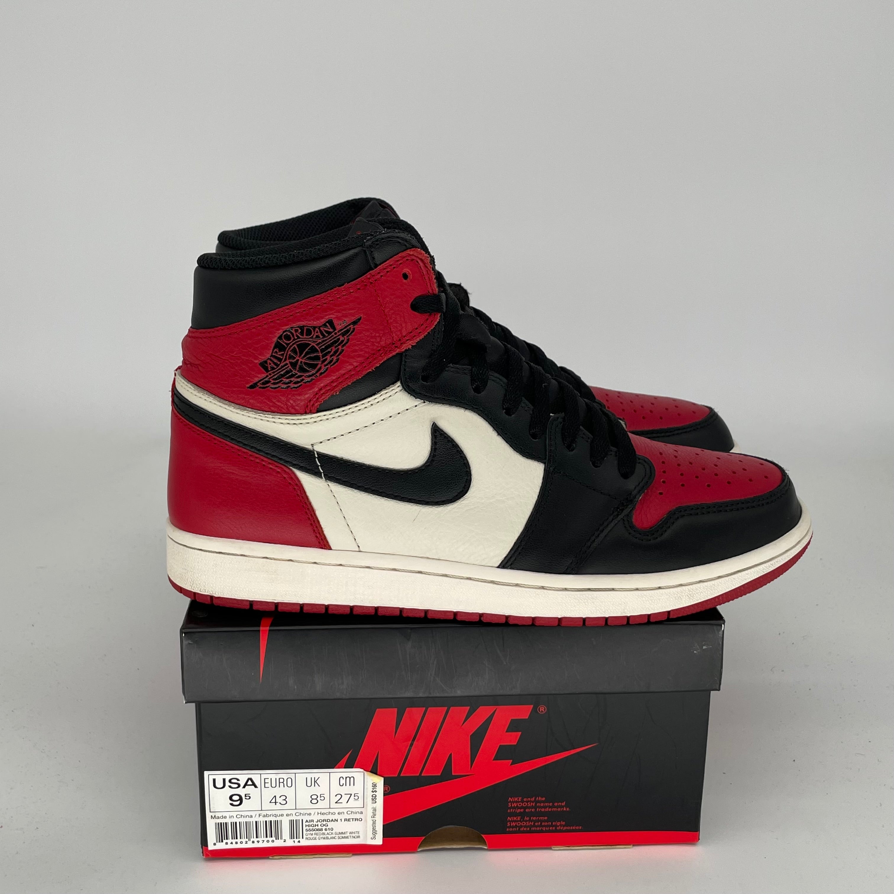 AIR JORDAN 1 BRED TOE SIZE 9.5 555088-610