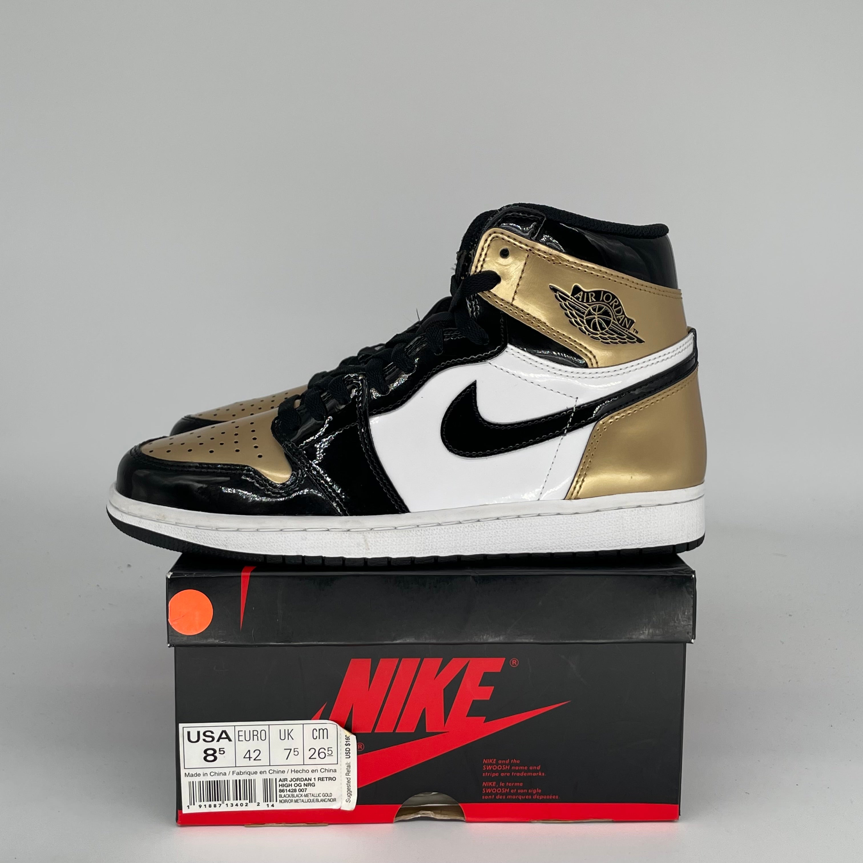 AIR JORDAN 1 PATENT GOLD TOE SIZE 8.5 861428-007