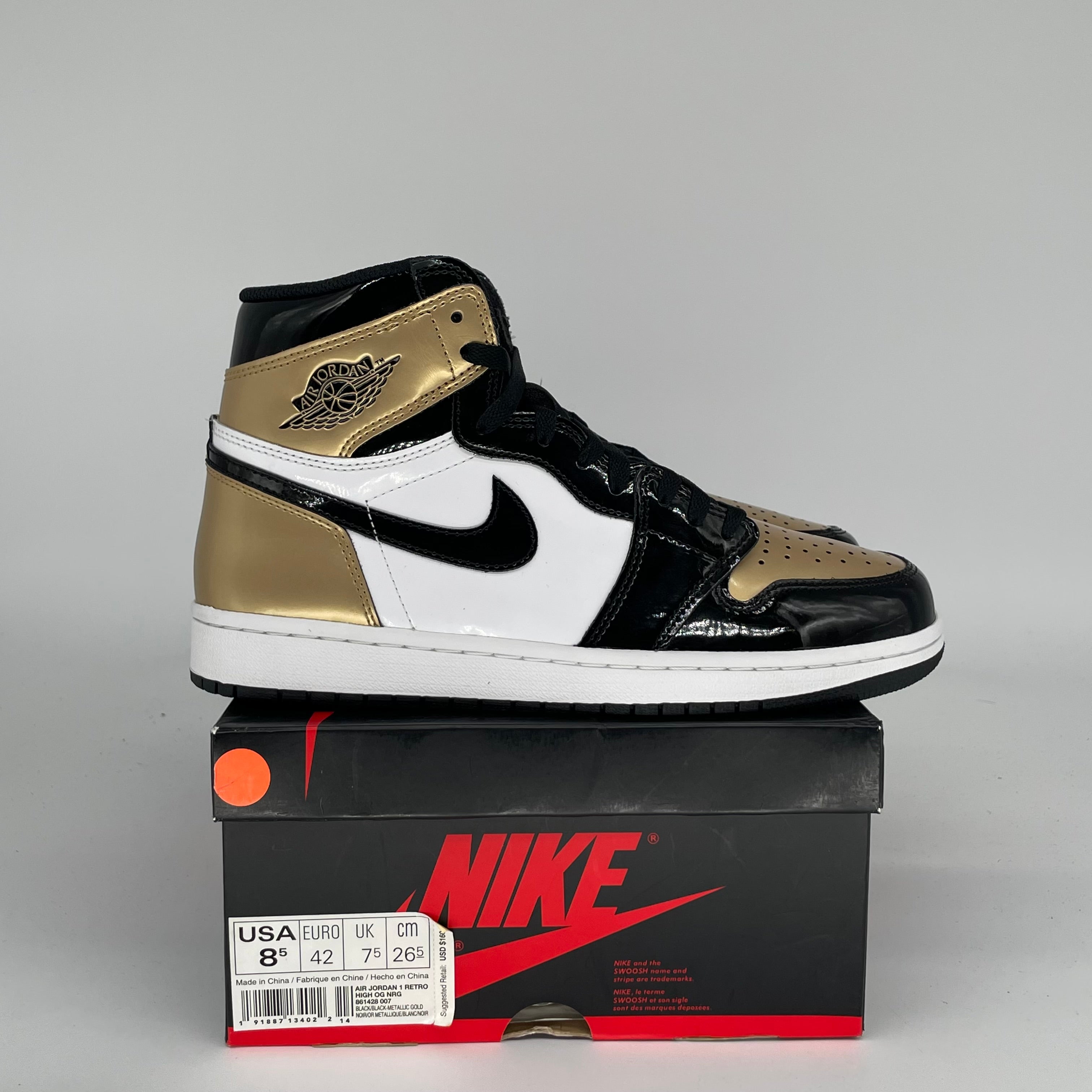 AIR JORDAN 1 PATENT GOLD TOE SIZE 8.5 861428-007