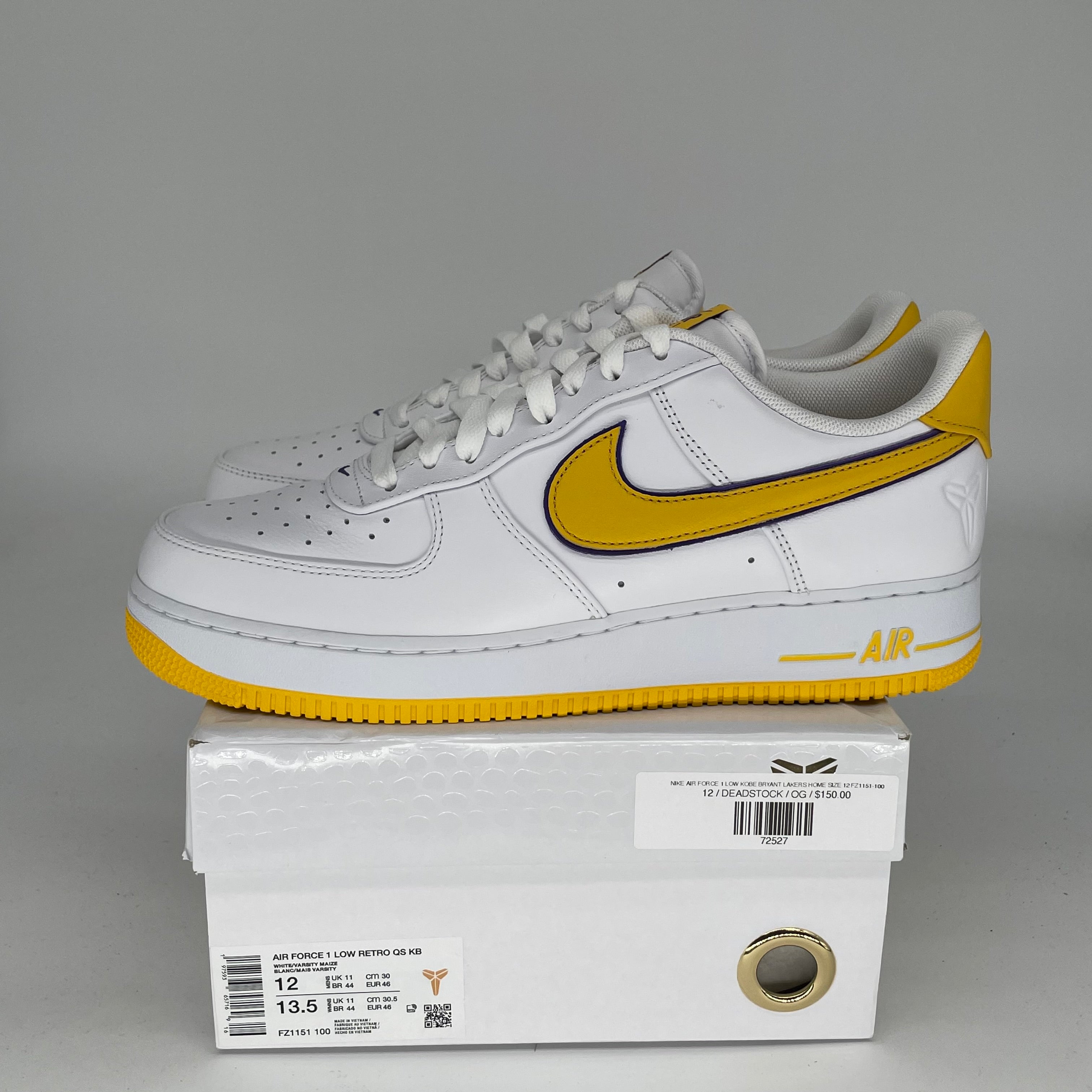 NIKE AIR FORCE 1 LOW KOBE BRYANT LAKERS HOME SIZE 12 FZ1151-100