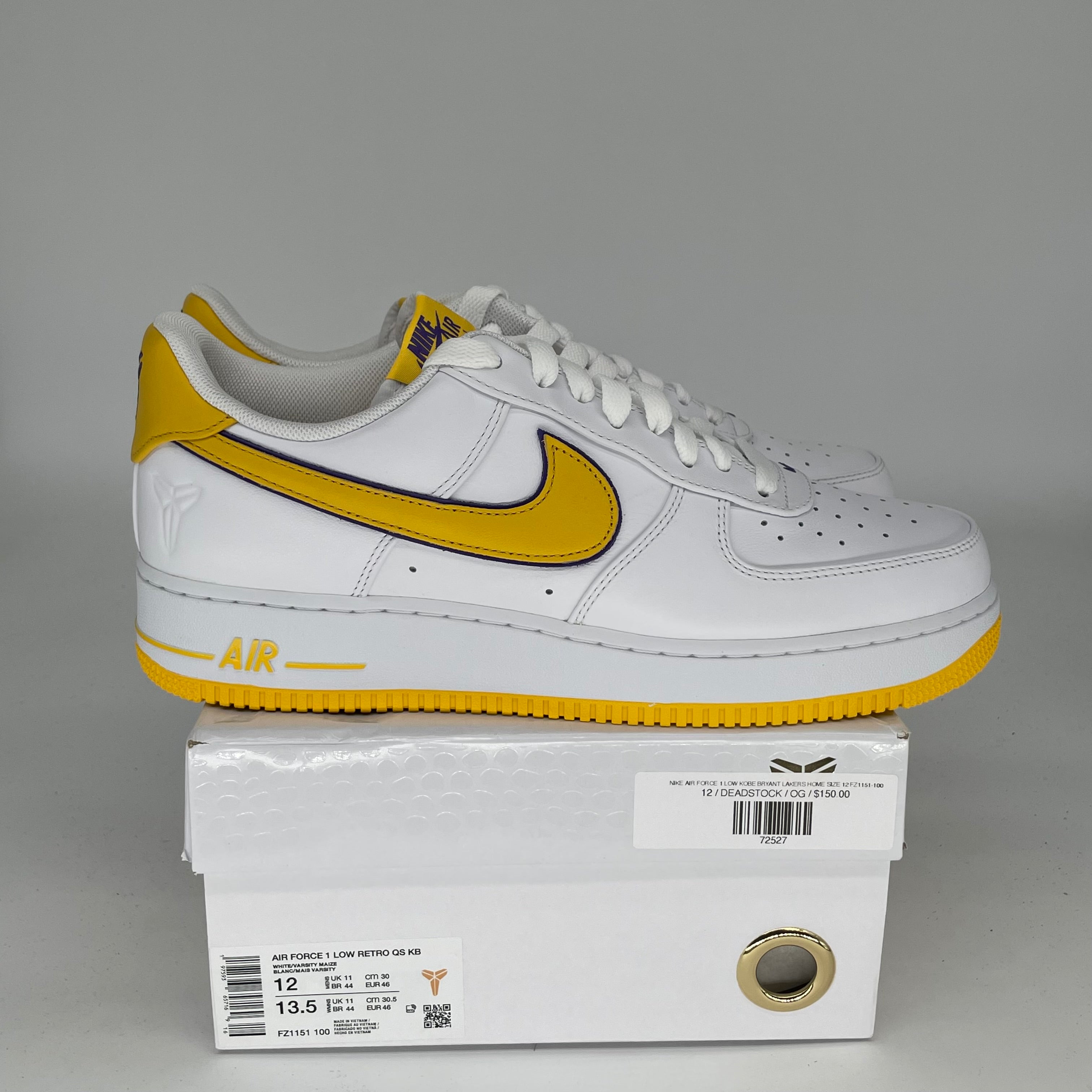NIKE AIR FORCE 1 LOW KOBE BRYANT LAKERS HOME SIZE 12 FZ1151-100